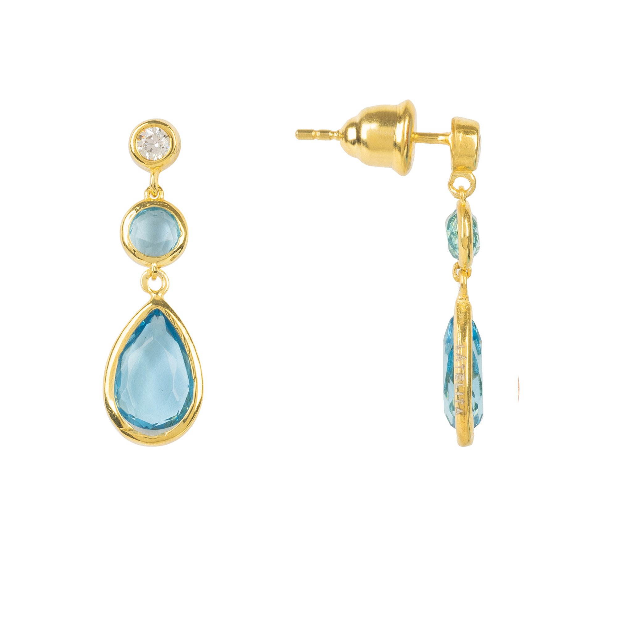 Tuscany Gemstone Drop Earring featuring blue topaz and gold accents, elegantly designed with teardrop gemstones and cubic zirconia.