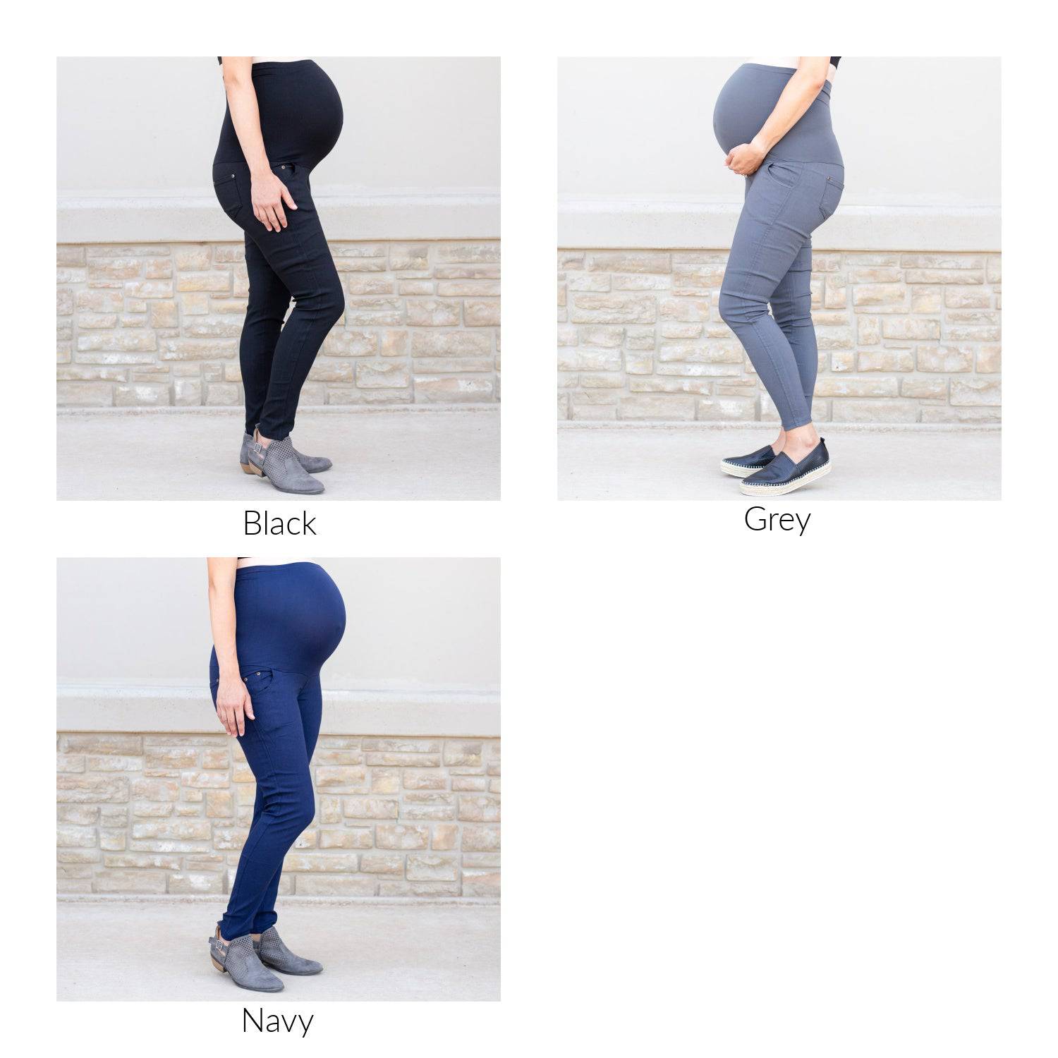 A pair of Twill Maternity Stretchy Jeggings showcasing the extra-tall waistband and seamless stretch maternity panel, perfect for stylish comfort during pregnancy.