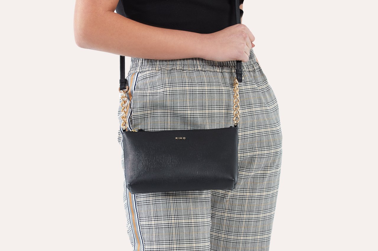 Stylish Two Chain Crossbody bag made from genuine Saffiano leather, featuring a sleek design and two-chain strap.