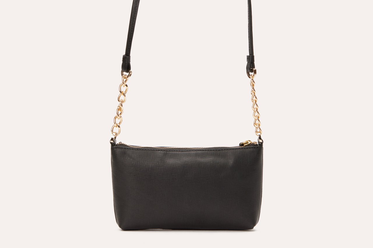 Stylish Two Chain Crossbody bag made from genuine Saffiano leather, featuring a sleek design and two-chain strap.