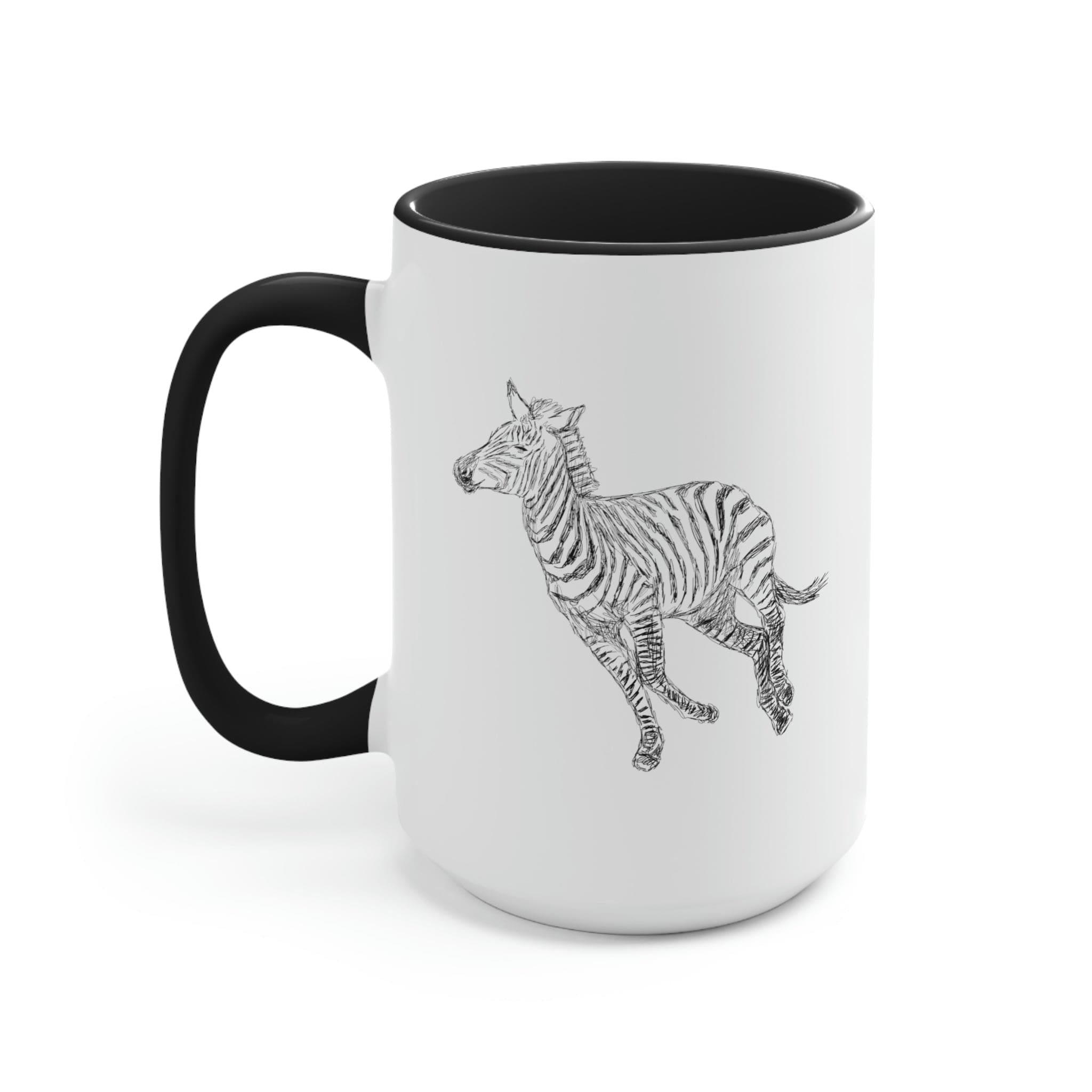 Two-tone ceramic coffee mug with Galloping Zebra line art, featuring a colored handle and glossy finish, perfect for coffee lovers.