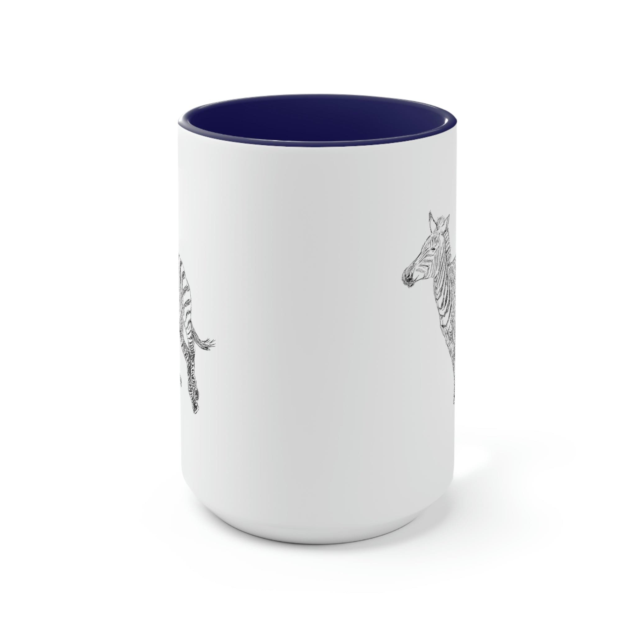 Two-tone ceramic coffee mug with Galloping Zebra line art, featuring a colored handle and glossy finish, perfect for coffee lovers.