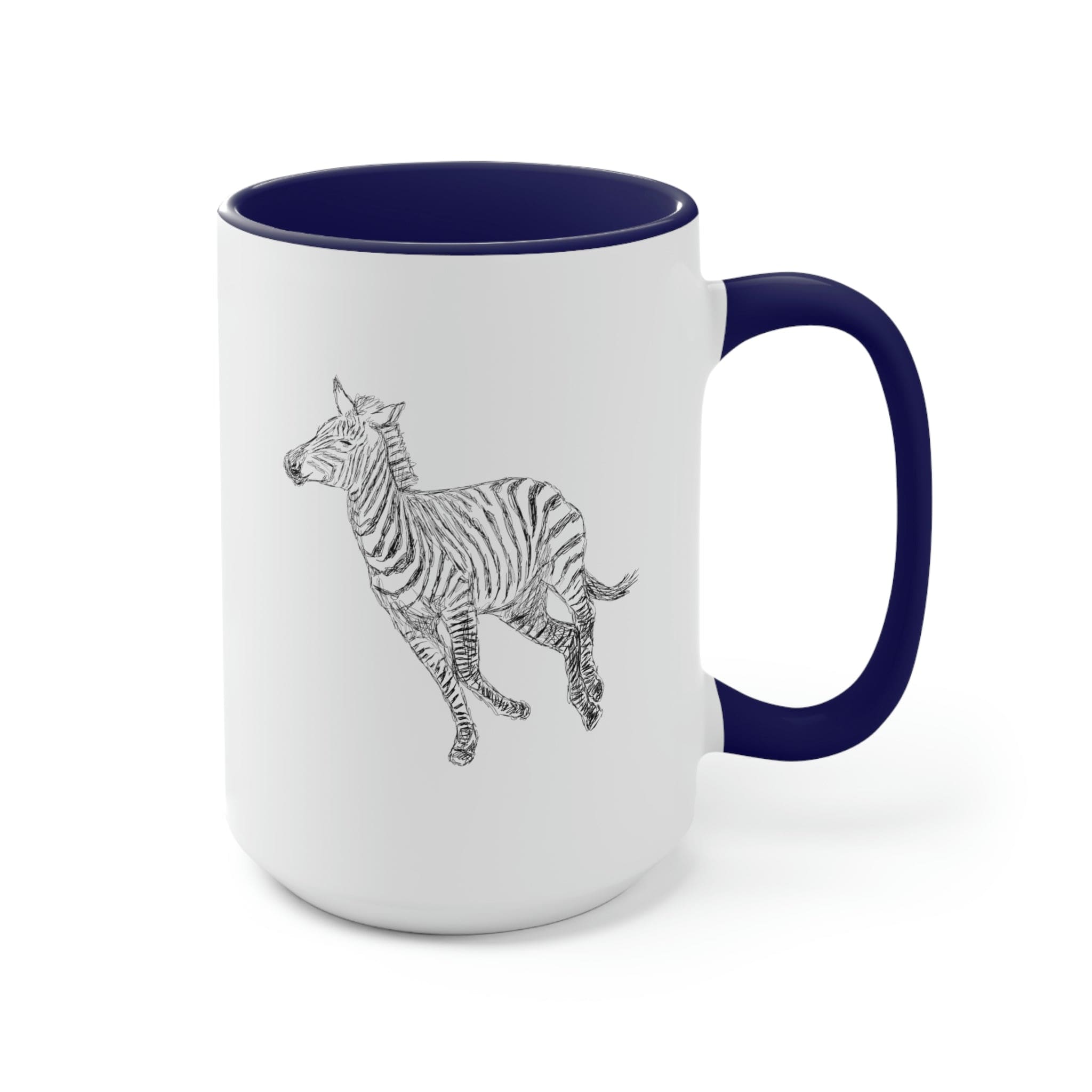 Two-tone ceramic coffee mug with Galloping Zebra line art, featuring a colored handle and glossy finish, perfect for coffee lovers.