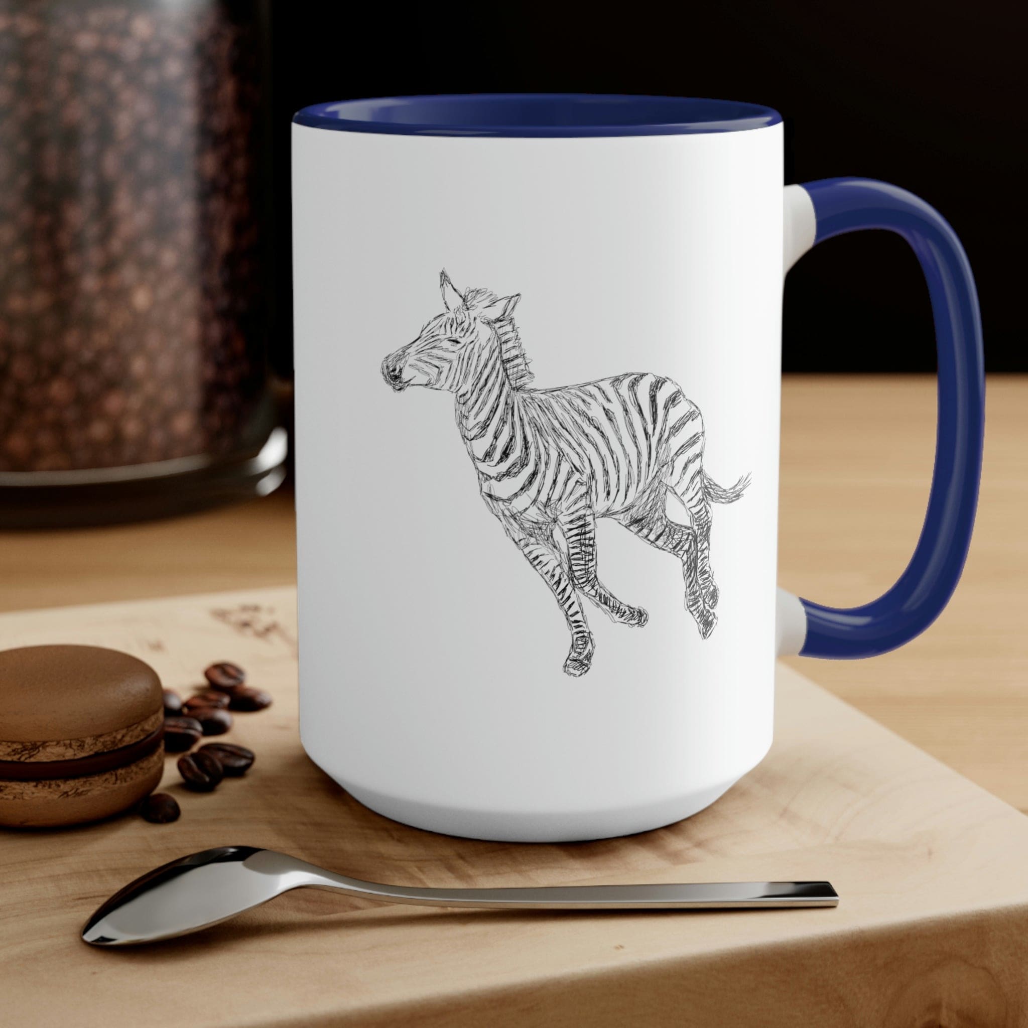 Two-tone ceramic coffee mug with Galloping Zebra line art, featuring a colored handle and glossy finish, perfect for coffee lovers.