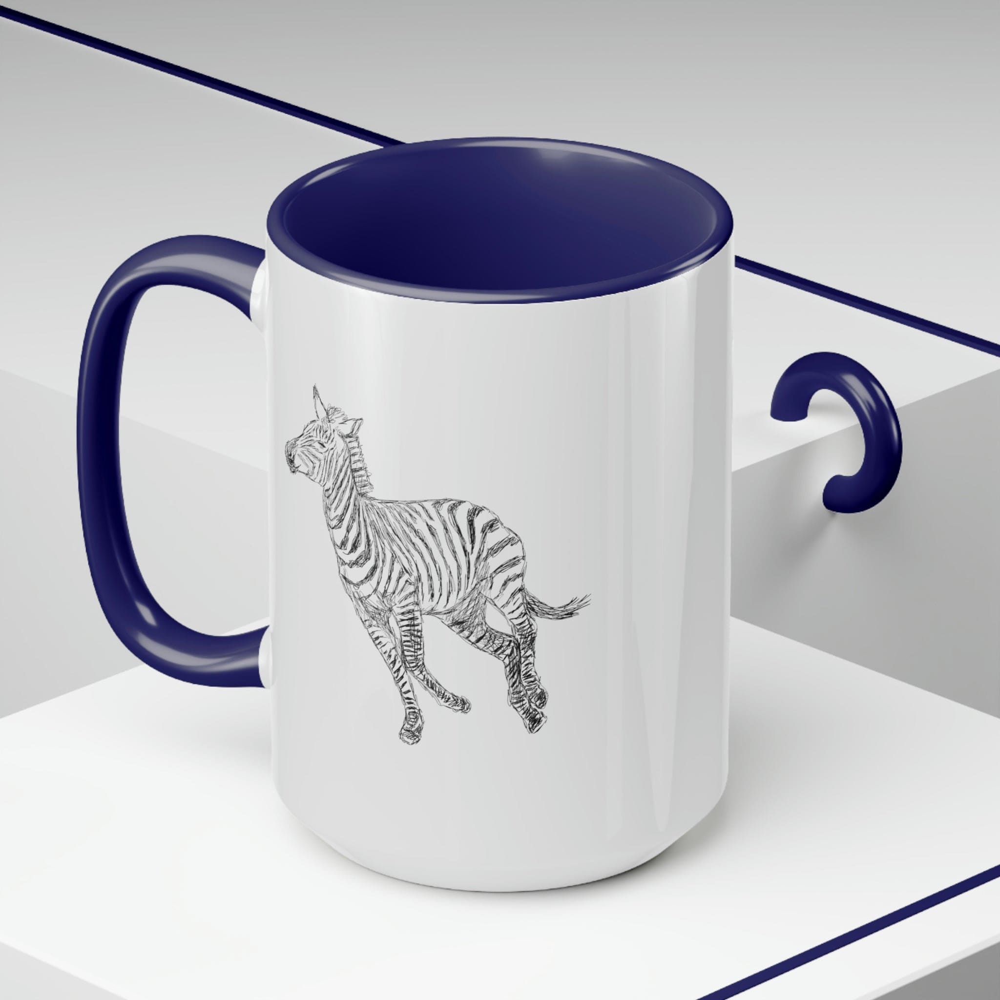 Two-tone ceramic coffee mug with Galloping Zebra line art, featuring a colored handle and glossy finish, perfect for coffee lovers.