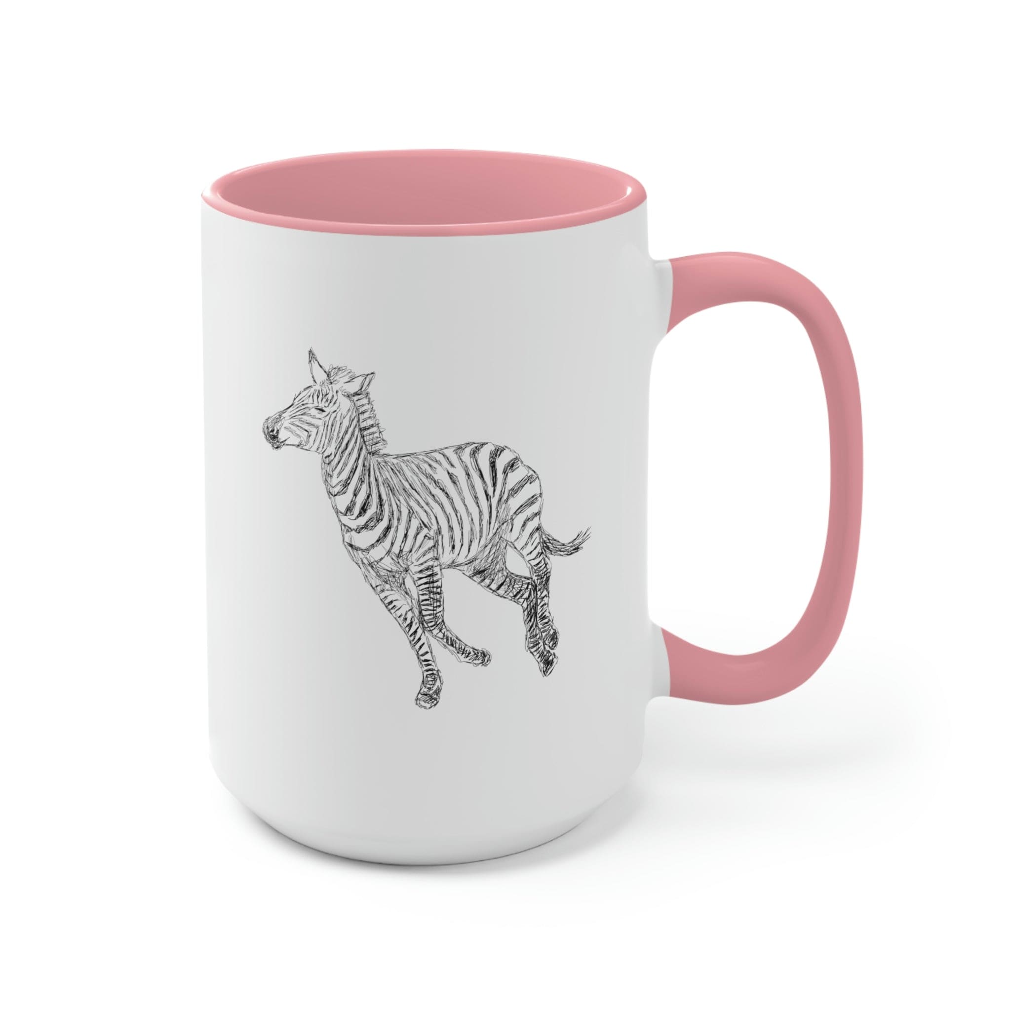 Two-tone ceramic coffee mug with Galloping Zebra line art, featuring a colored handle and glossy finish, perfect for coffee lovers.