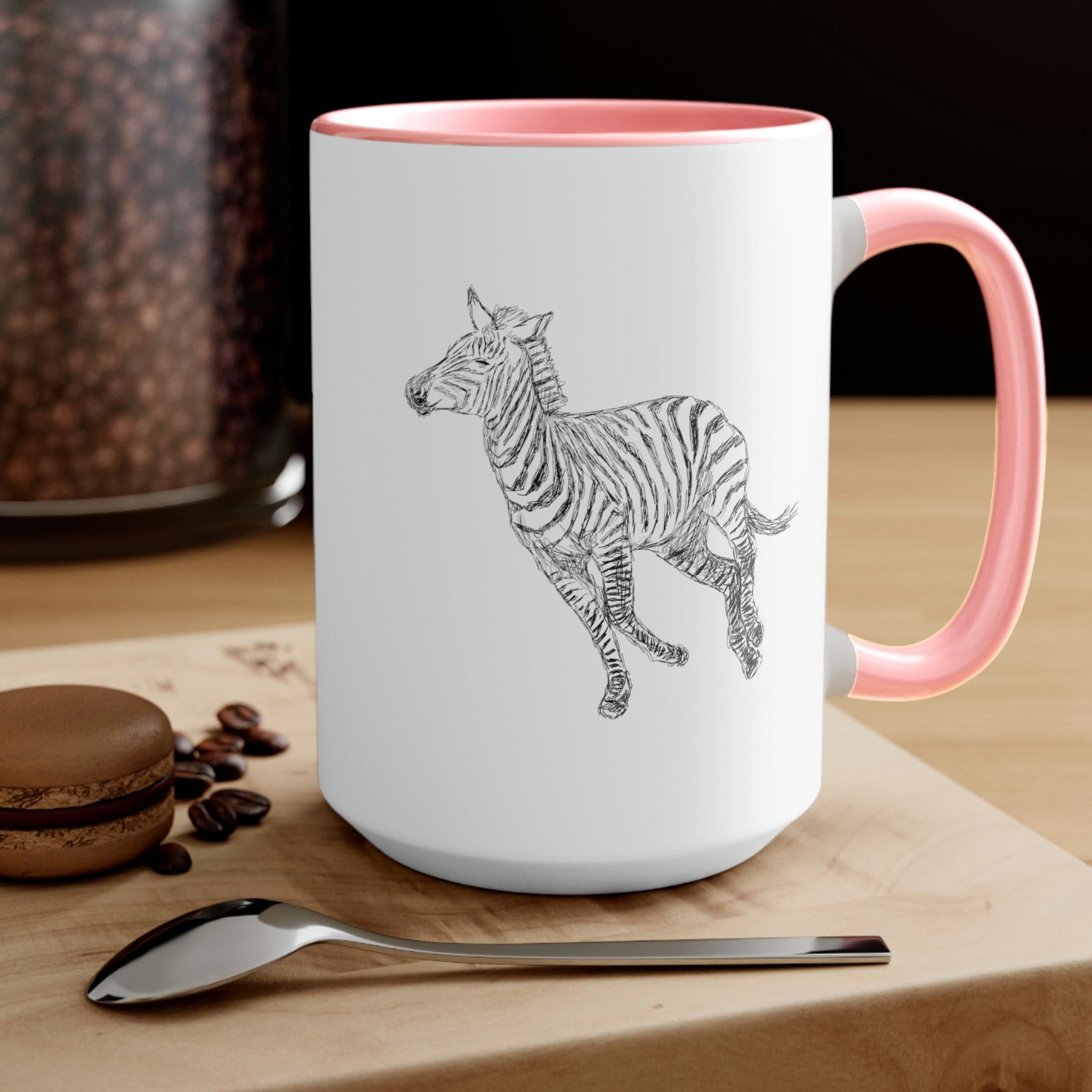 Two-tone ceramic coffee mug with Galloping Zebra line art, featuring a colored handle and glossy finish, perfect for coffee lovers.