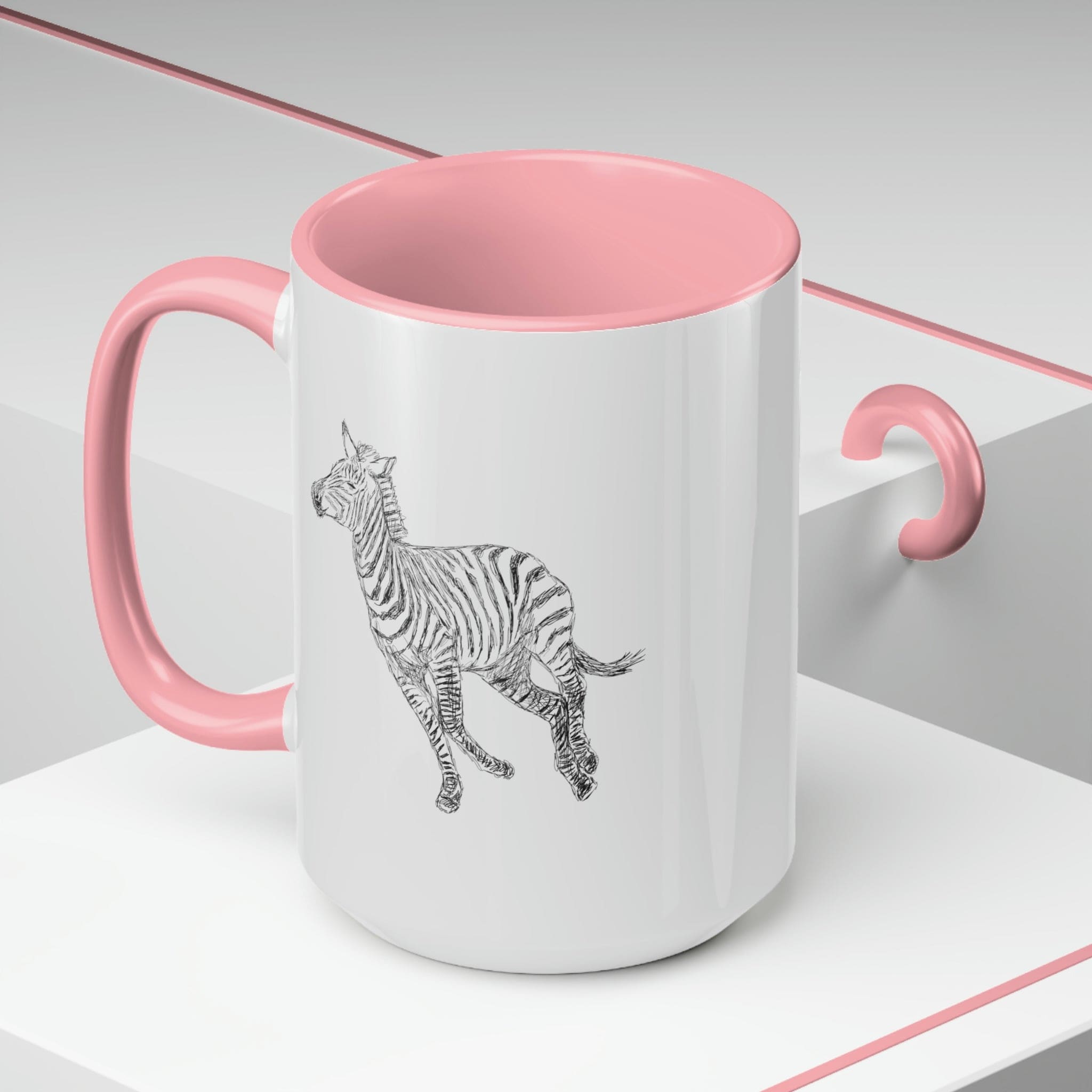 Two-tone ceramic coffee mug with Galloping Zebra line art, featuring a colored handle and glossy finish, perfect for coffee lovers.