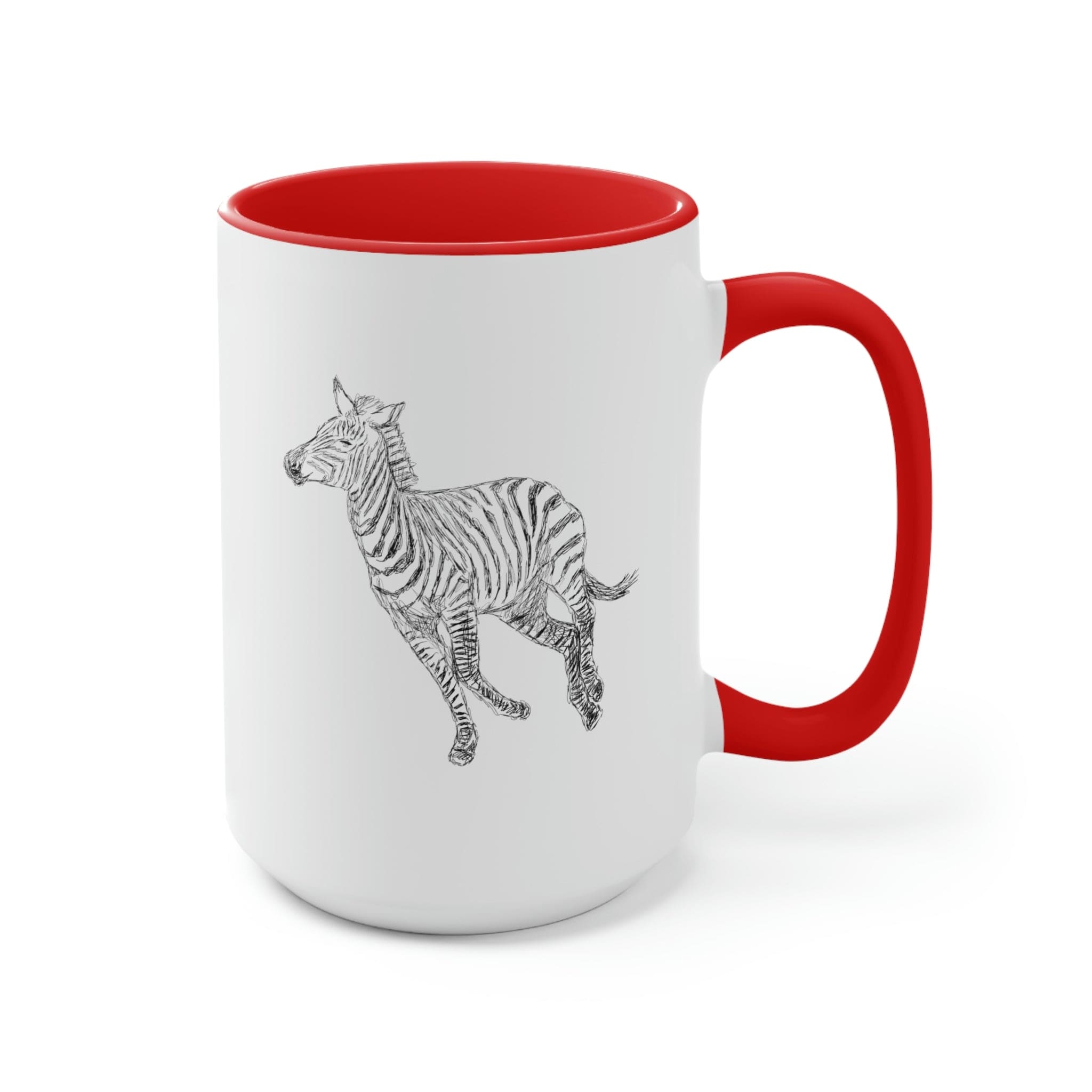 Two-tone ceramic coffee mug with Galloping Zebra line art, featuring a colored handle and glossy finish, perfect for coffee lovers.