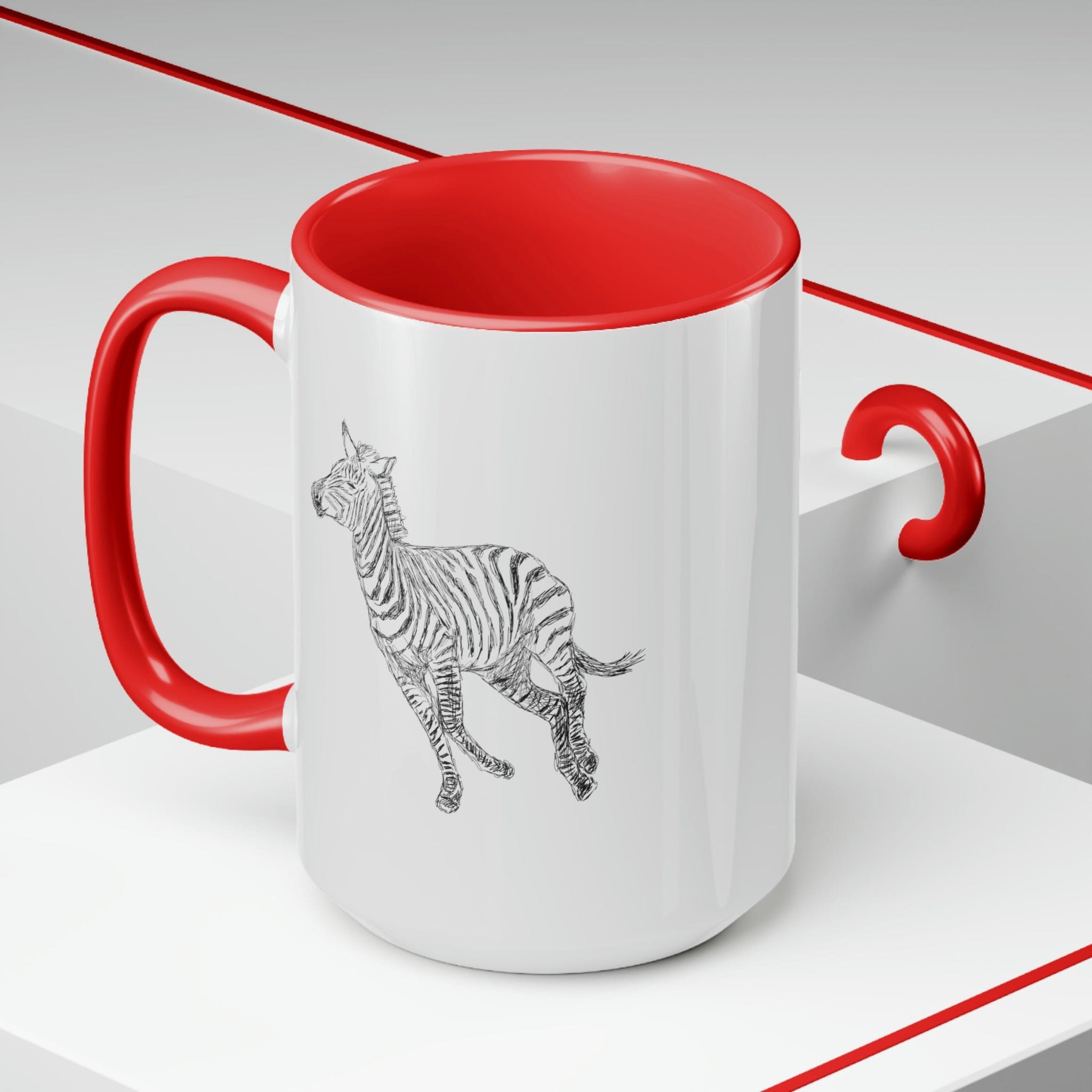 Two-tone ceramic coffee mug with Galloping Zebra line art, featuring a colored handle and glossy finish, perfect for coffee lovers.