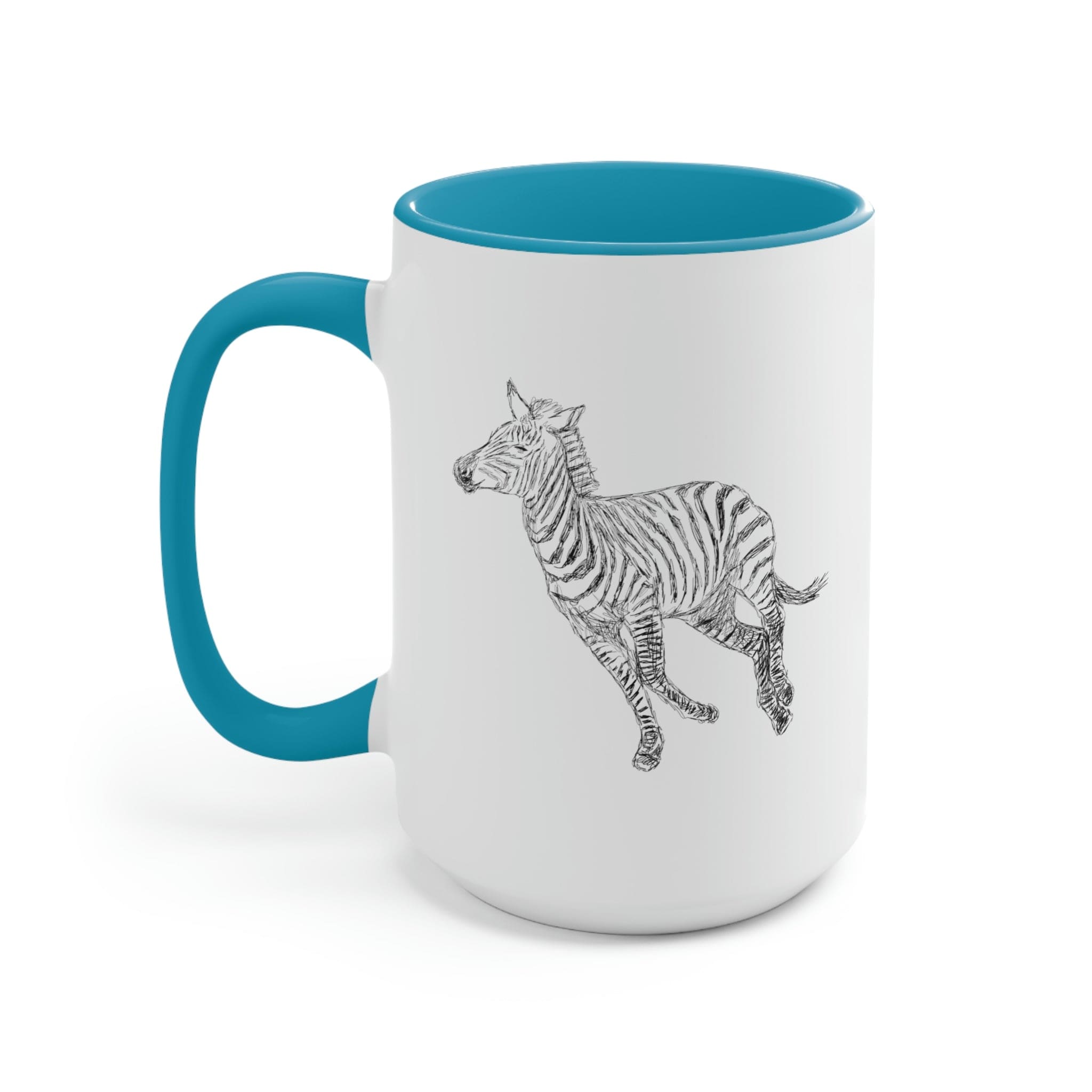 Two-tone ceramic coffee mug with Galloping Zebra line art, featuring a colored handle and glossy finish, perfect for coffee lovers.