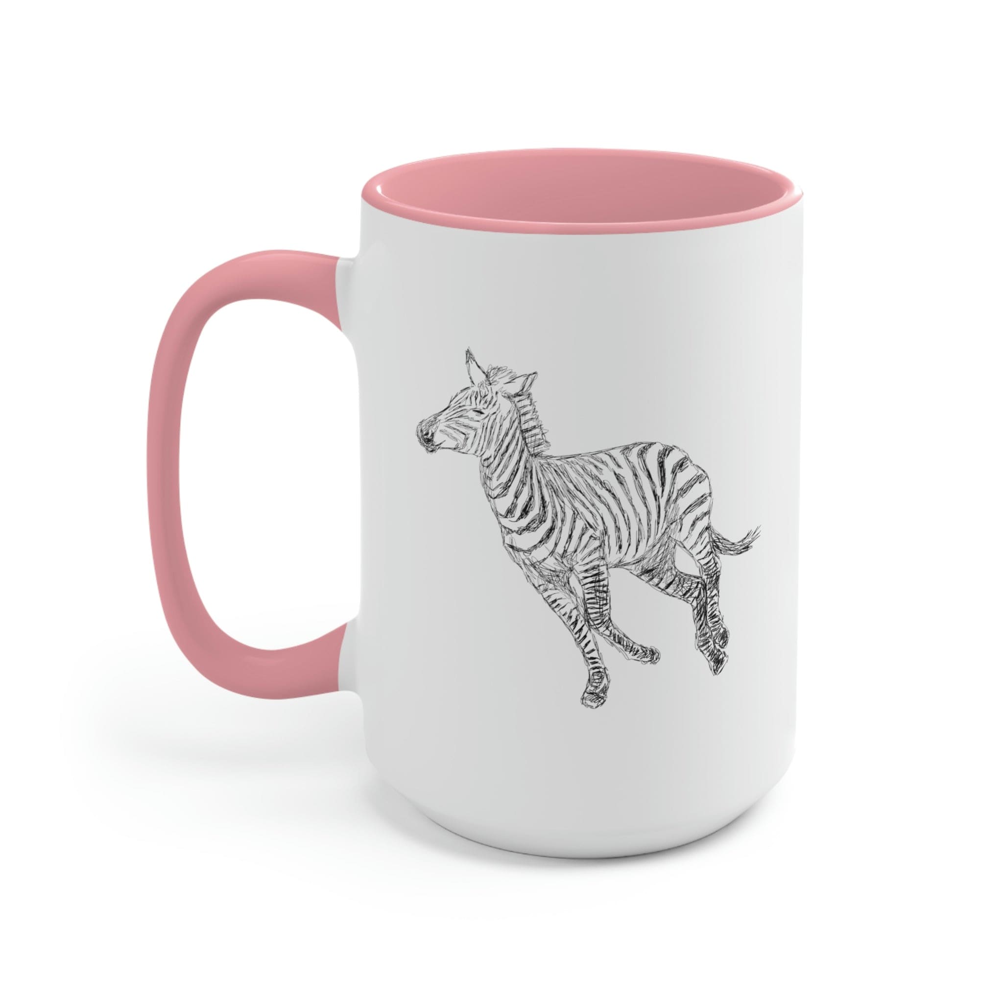 Two-tone ceramic coffee mug with Galloping Zebra line art, featuring a colored handle and glossy finish, perfect for coffee lovers.