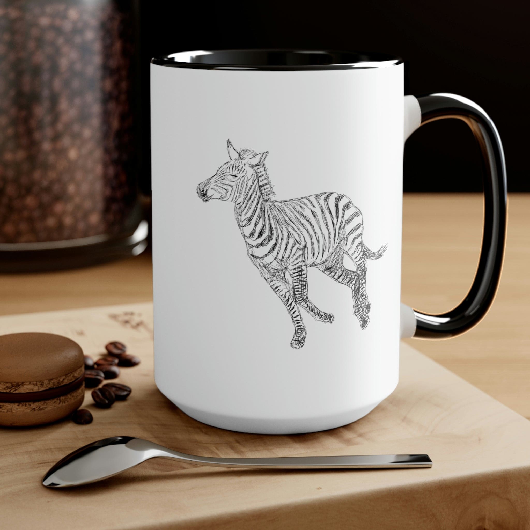 Two-tone ceramic coffee mug with Galloping Zebra line art, featuring a colored handle and glossy finish, perfect for coffee lovers.