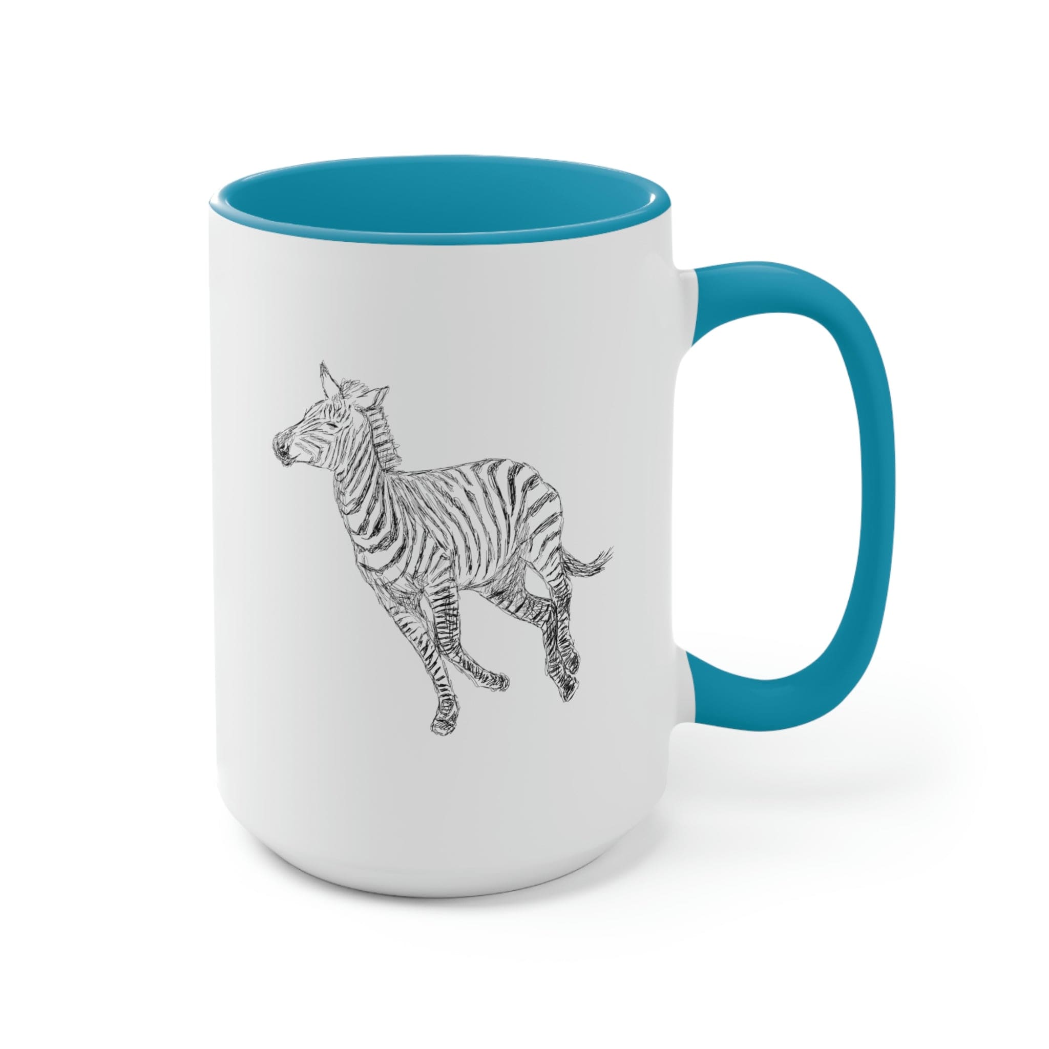 Two-tone ceramic coffee mug with Galloping Zebra line art, featuring a colored handle and glossy finish, perfect for coffee lovers.