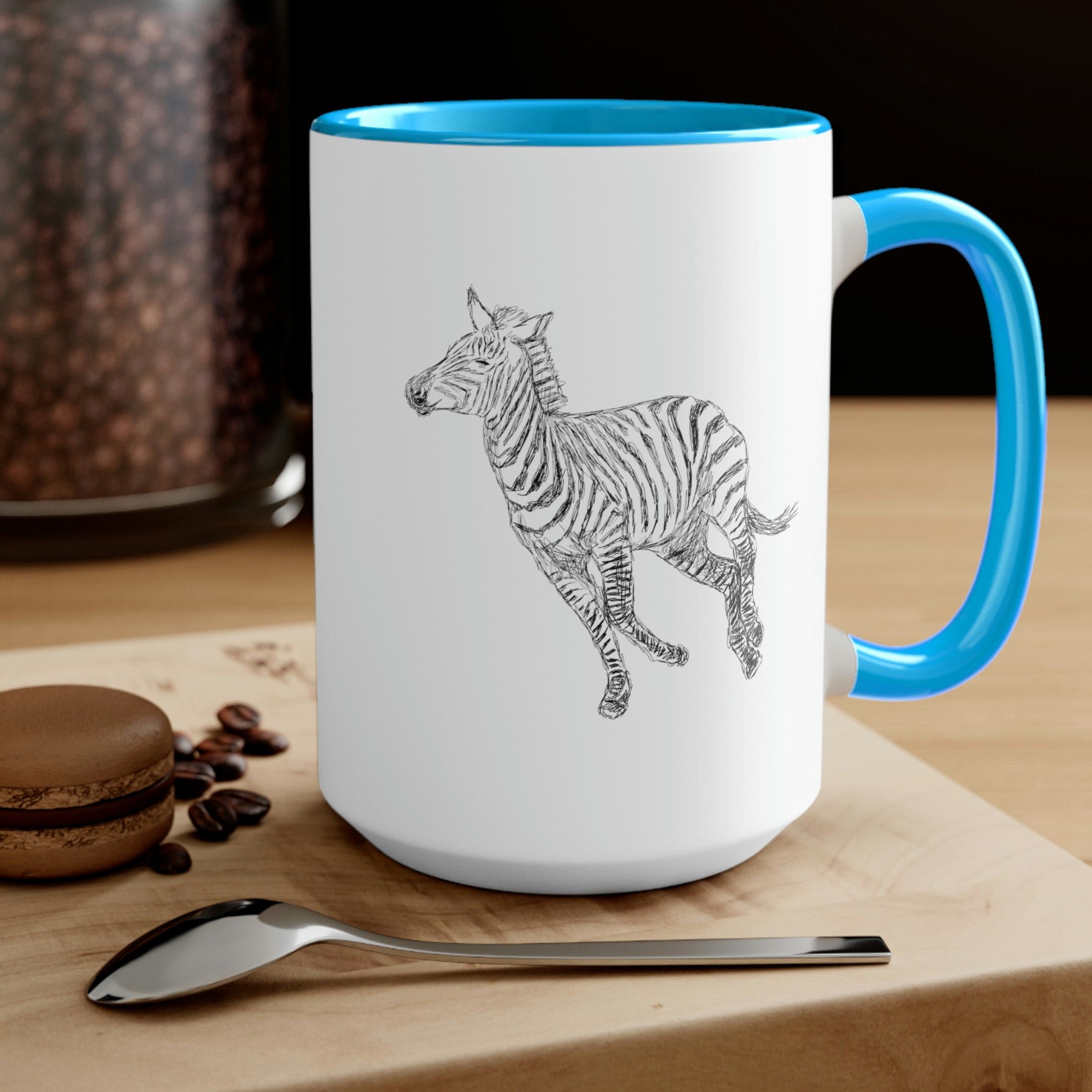 Two-tone ceramic coffee mug with Galloping Zebra line art, featuring a colored handle and glossy finish, perfect for coffee lovers.