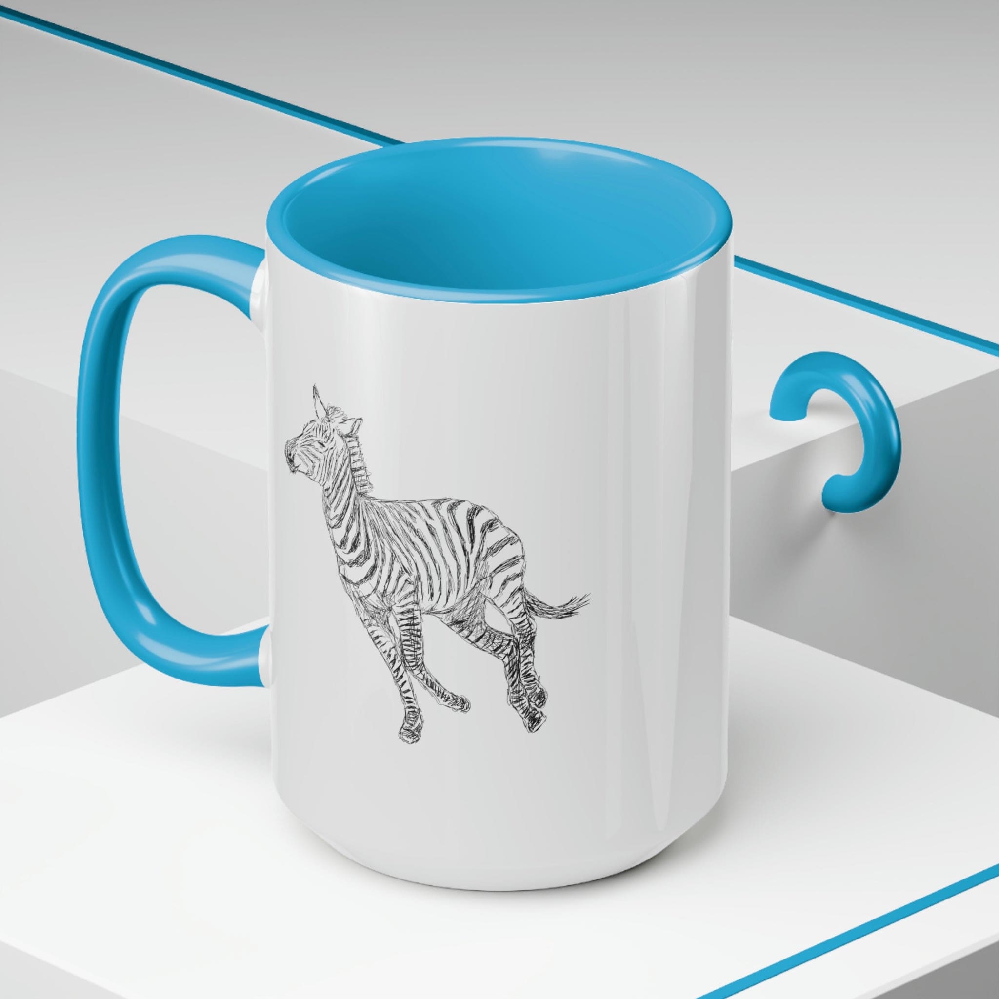 Two-tone ceramic coffee mug with Galloping Zebra line art, featuring a colored handle and glossy finish, perfect for coffee lovers.