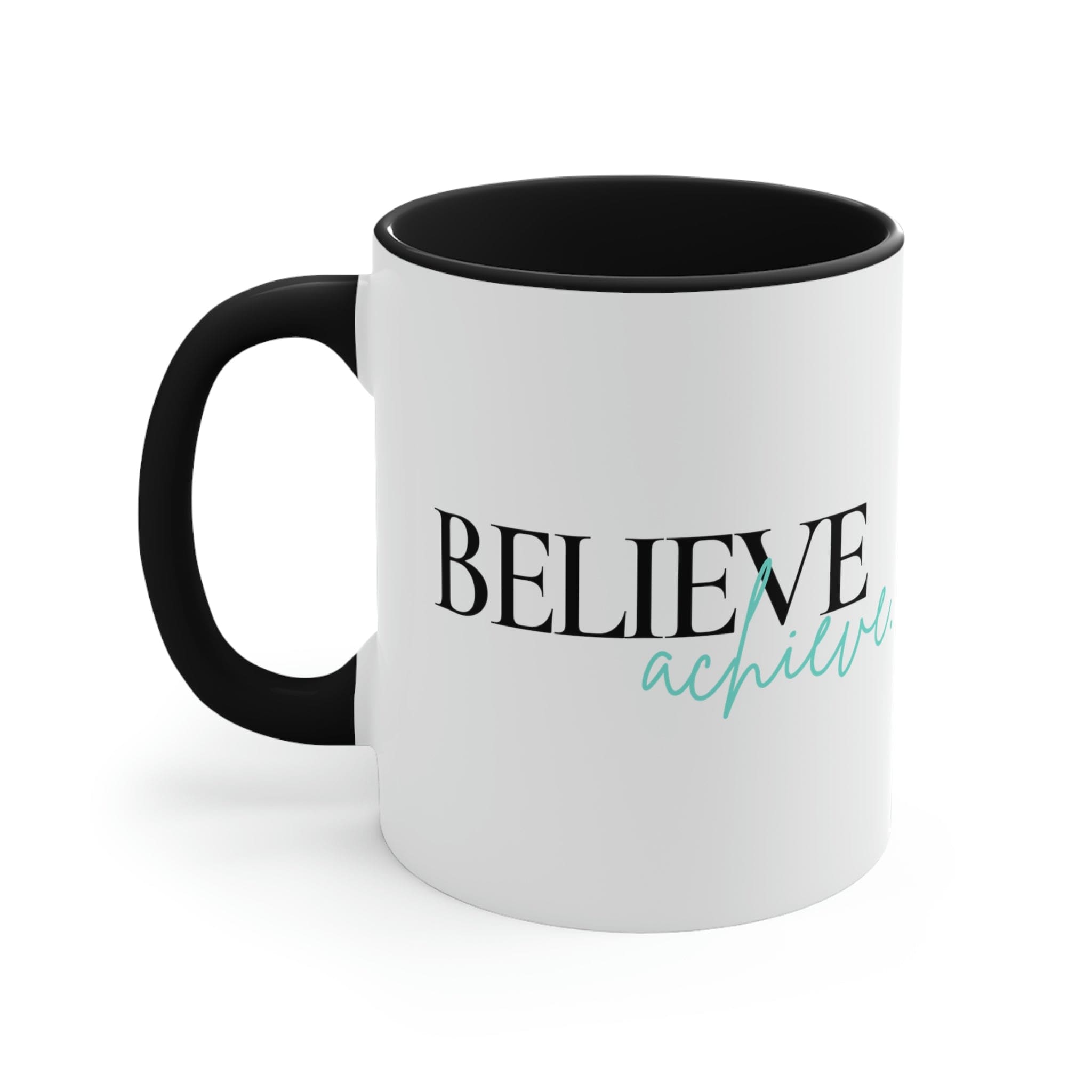 Two-tone ceramic mug with a C-handle, featuring a colorful interior and the inspirational phrase 'Believe and Achieve'.