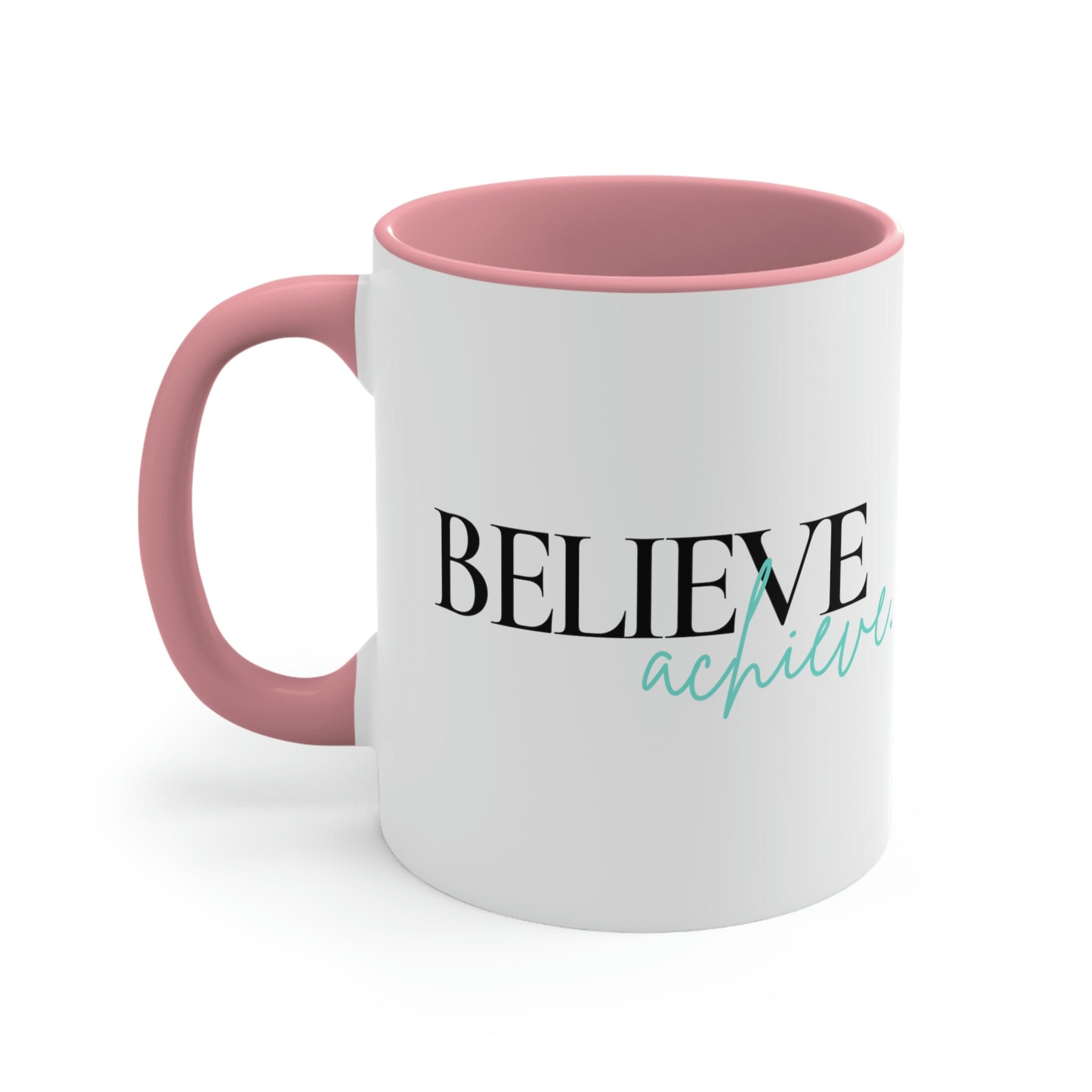 Two-tone ceramic mug with a C-handle, featuring a colorful interior and the inspirational phrase 'Believe and Achieve'.