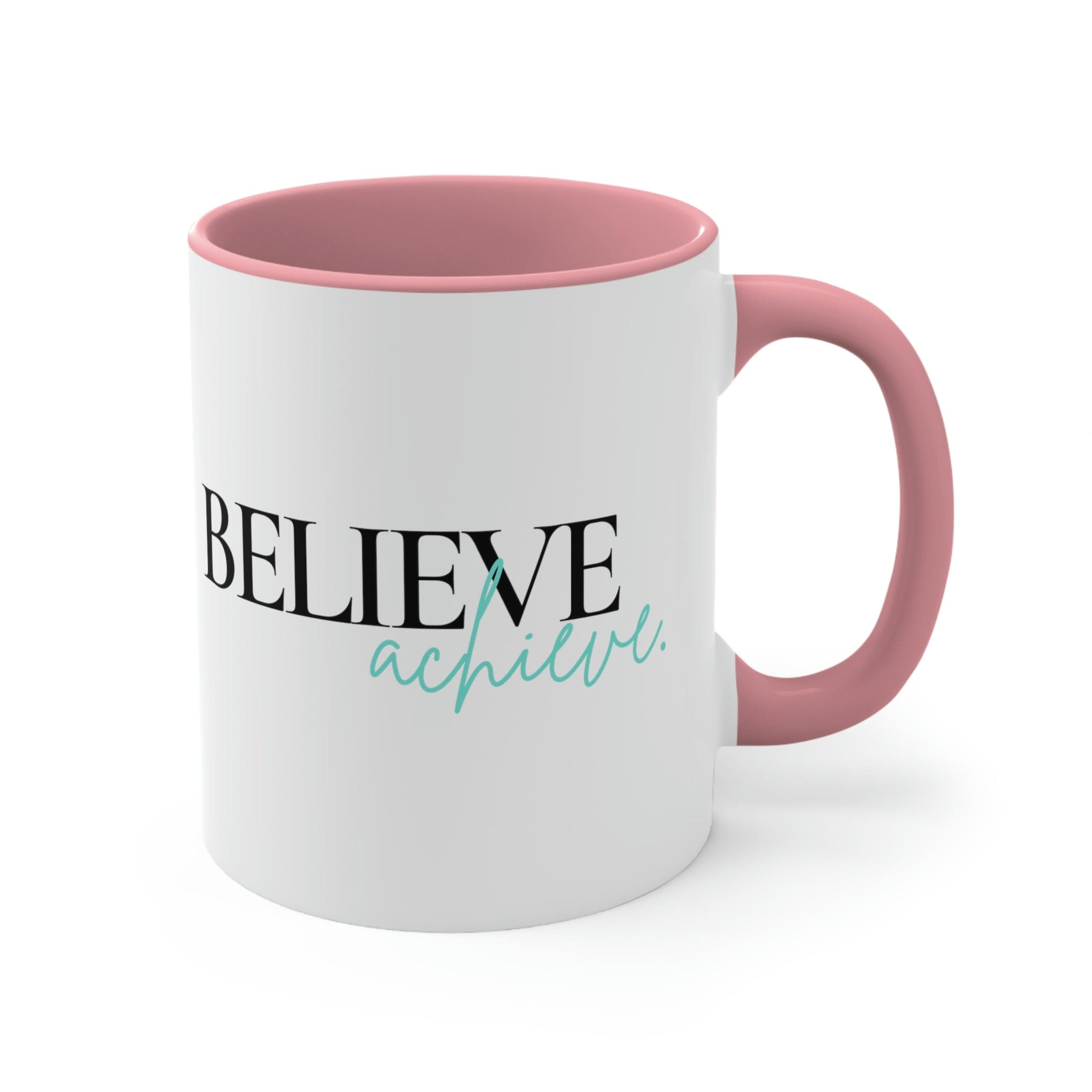 Two-tone ceramic mug with a C-handle, featuring a colorful interior and the inspirational phrase 'Believe and Achieve'.