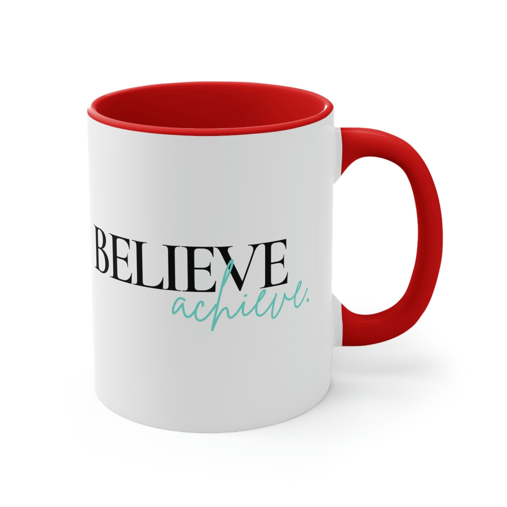 Two-tone ceramic mug with a C-handle, featuring a colorful interior and the inspirational phrase 'Believe and Achieve'.