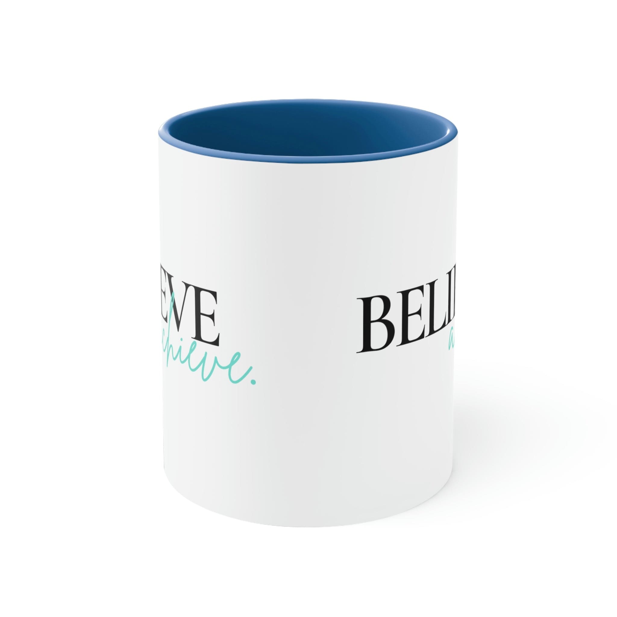 Two-tone ceramic mug with a C-handle, featuring a colorful interior and the inspirational phrase 'Believe and Achieve'.