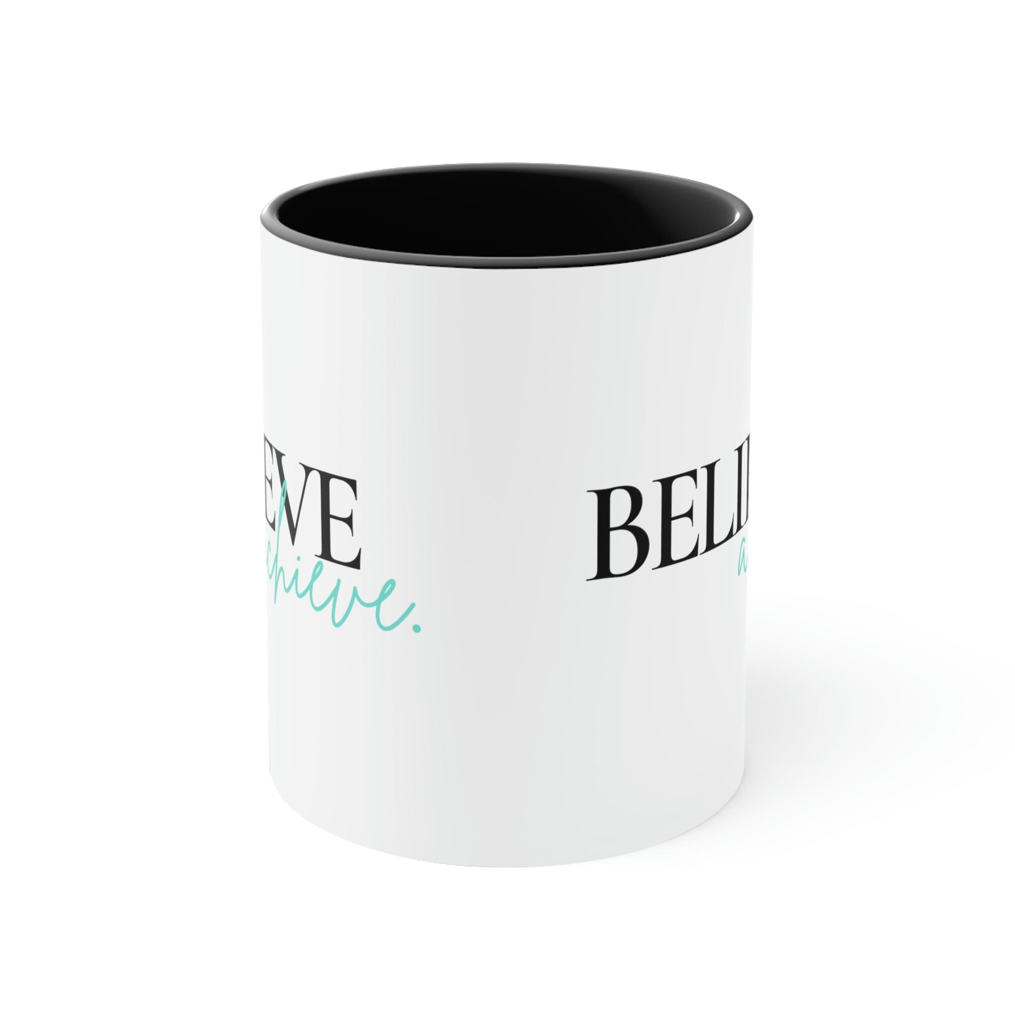 Two-tone ceramic mug with a C-handle, featuring a colorful interior and the inspirational phrase 'Believe and Achieve'.