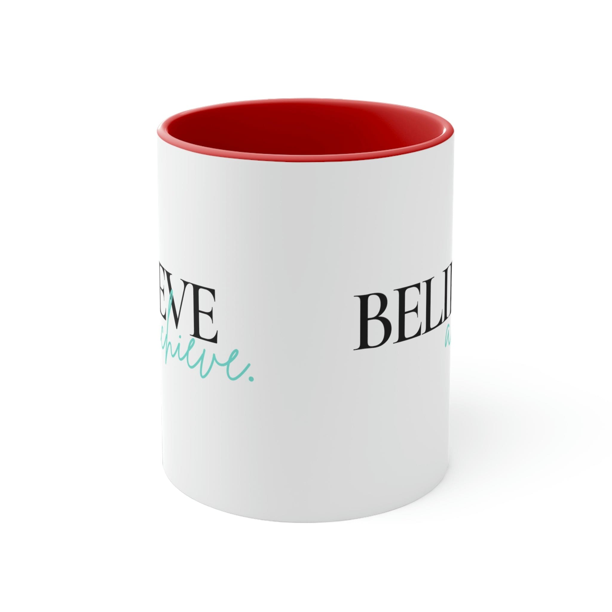 Two-tone ceramic mug with a C-handle, featuring a colorful interior and the inspirational phrase 'Believe and Achieve'.