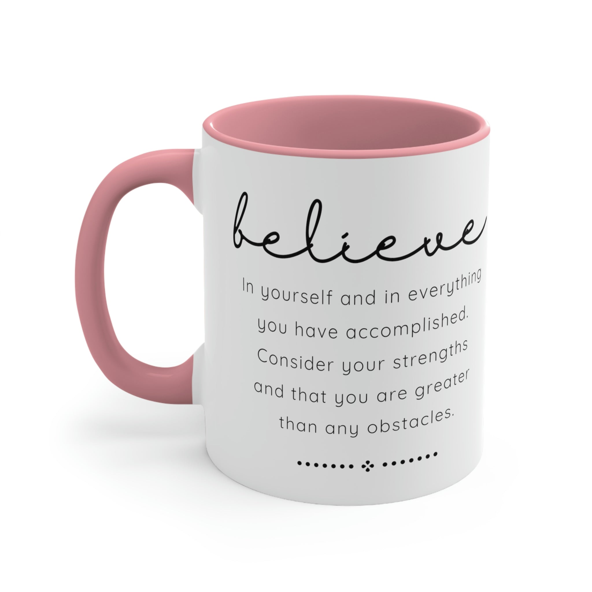 Two-tone ceramic mug with a colorful interior and handle, featuring the inspirational phrase 'Believe in Yourself'.