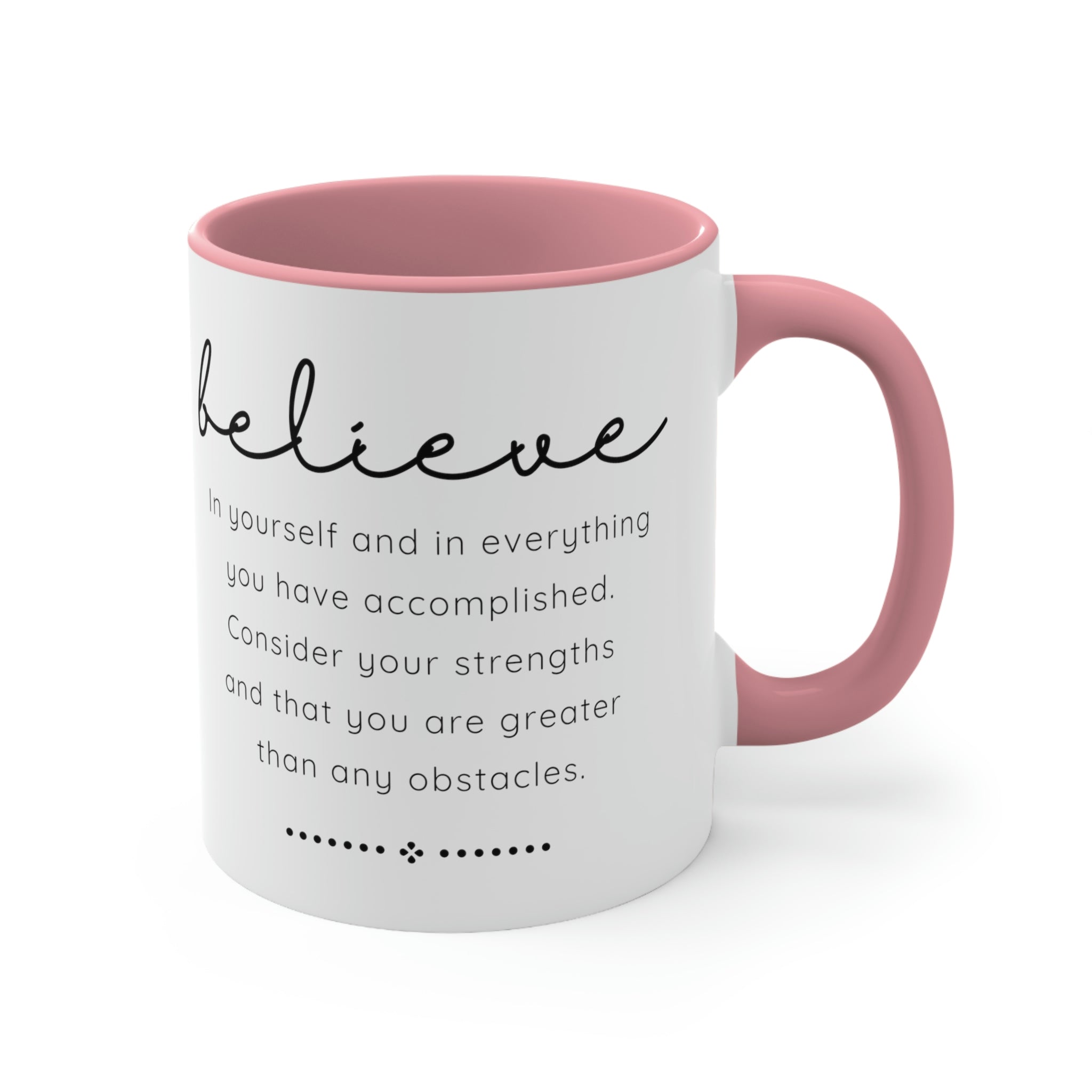 Two-tone ceramic mug with a colorful interior and handle, featuring the inspirational phrase 'Believe in Yourself'.