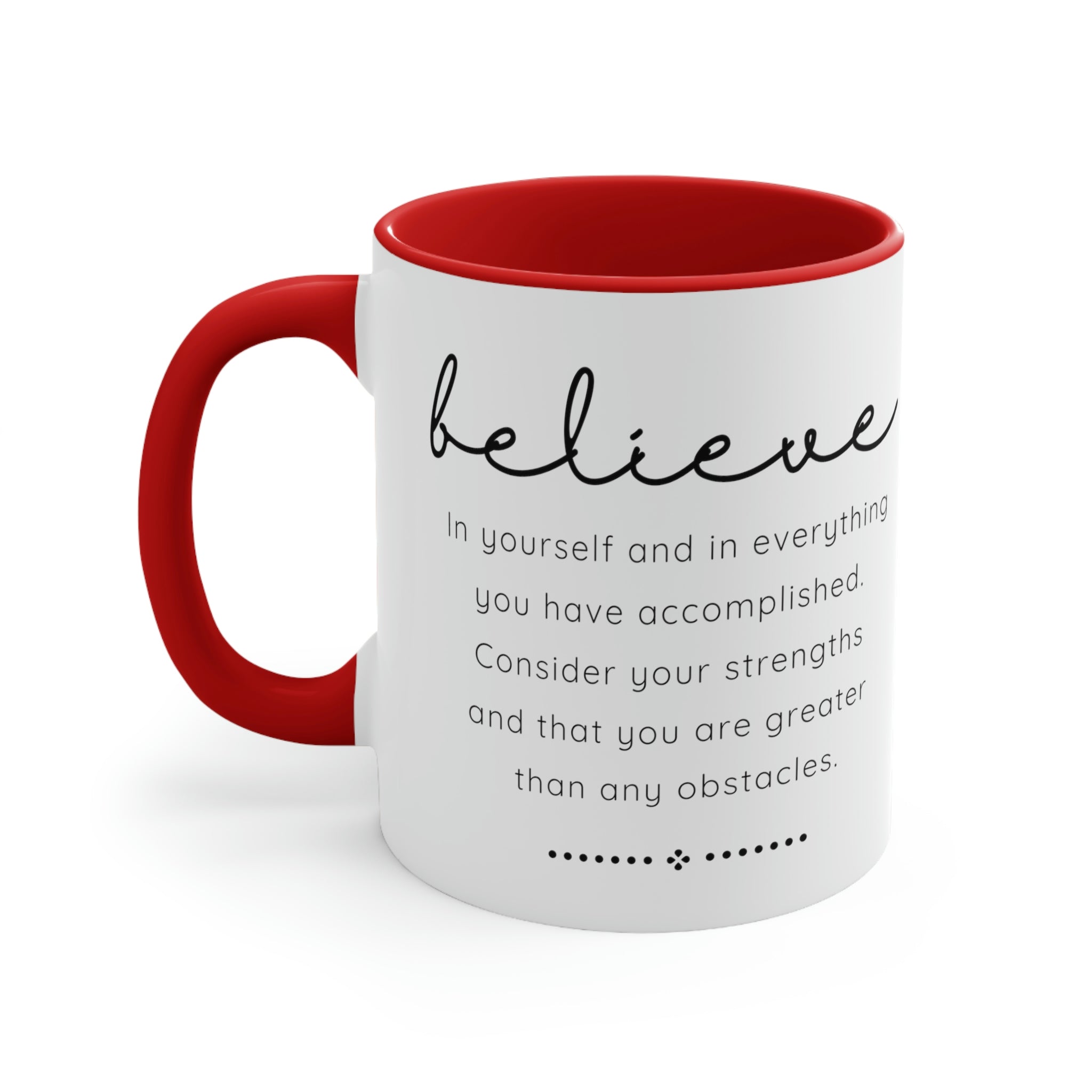 Two-tone ceramic mug with a colorful interior and handle, featuring the inspirational phrase 'Believe in Yourself'.