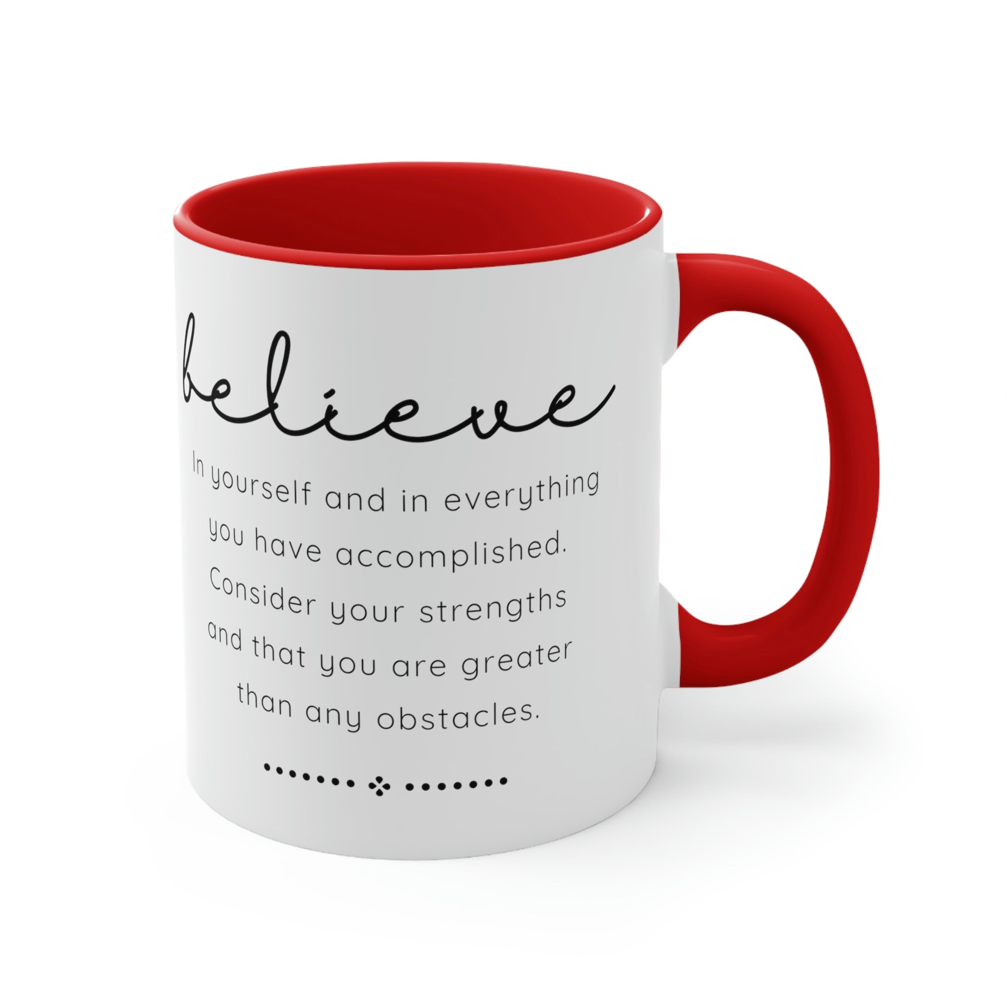 Two-tone ceramic mug with a colorful interior and handle, featuring the inspirational phrase 'Believe in Yourself'.