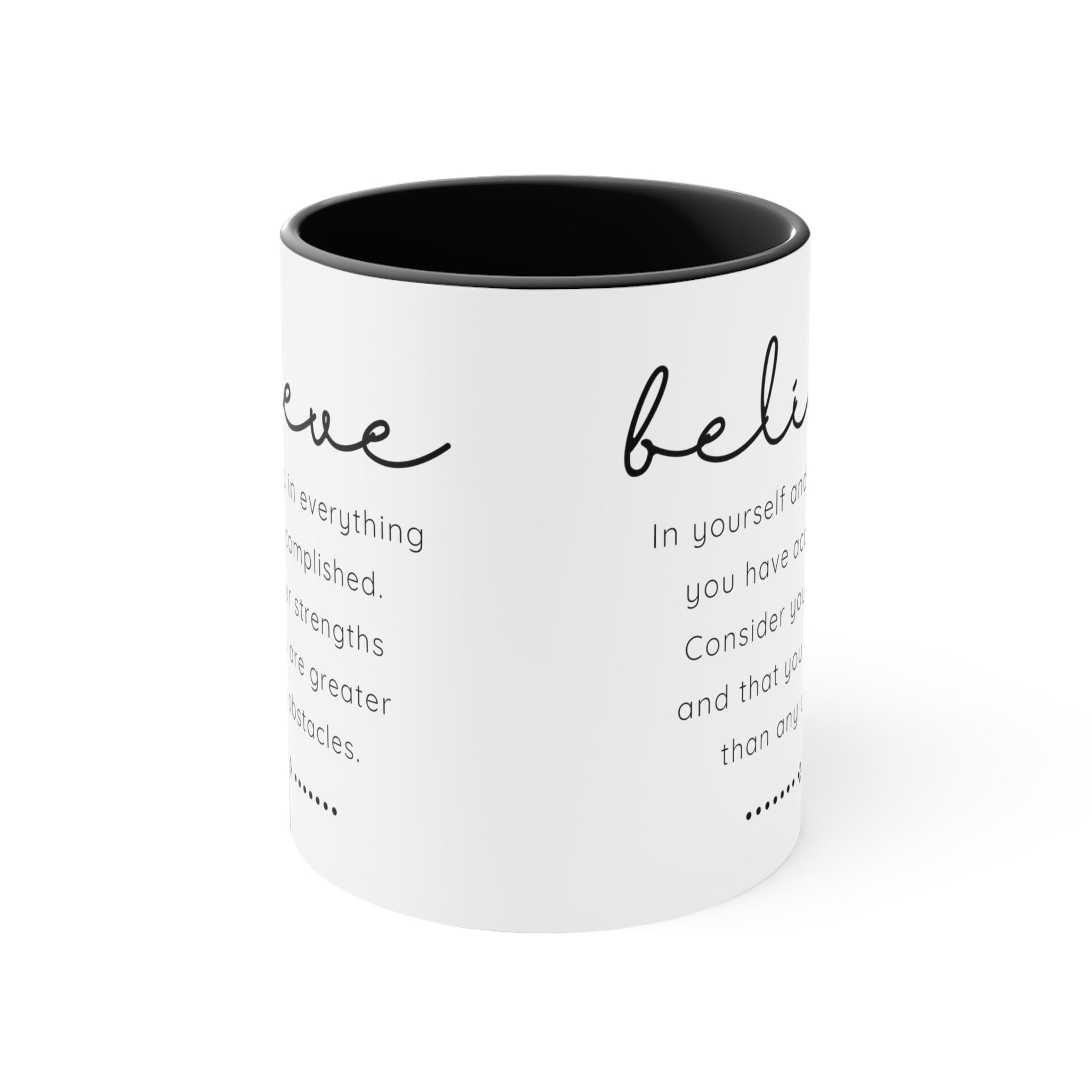 Two-tone ceramic mug with a colorful interior and handle, featuring the inspirational phrase 'Believe in Yourself'.