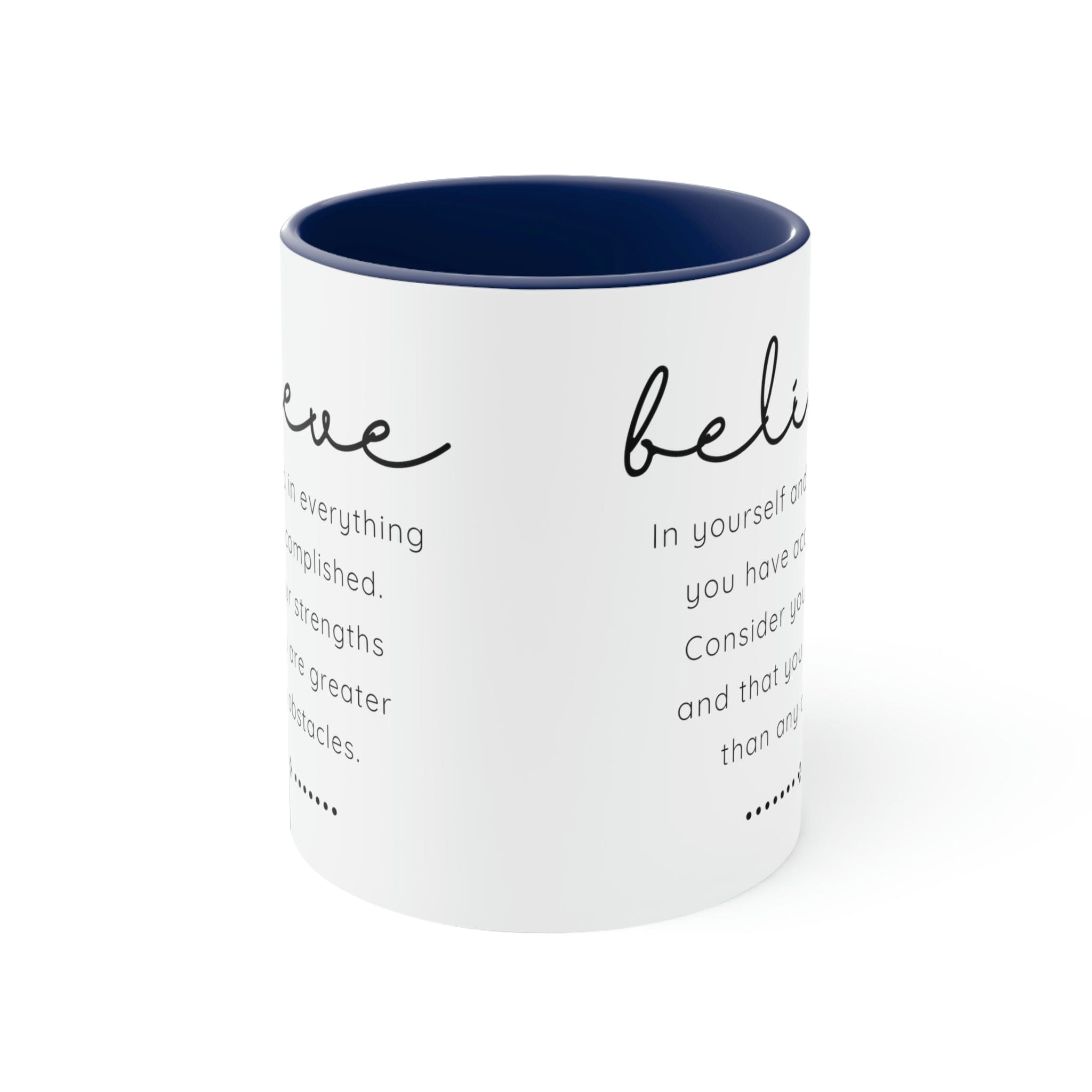 Two-tone ceramic mug with a colorful interior and handle, featuring the inspirational phrase 'Believe in Yourself'.