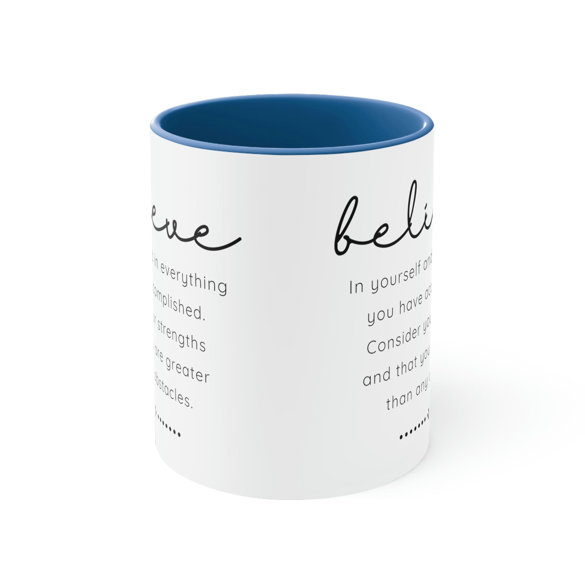 Two-tone ceramic mug with a colorful interior and handle, featuring the inspirational phrase 'Believe in Yourself'.