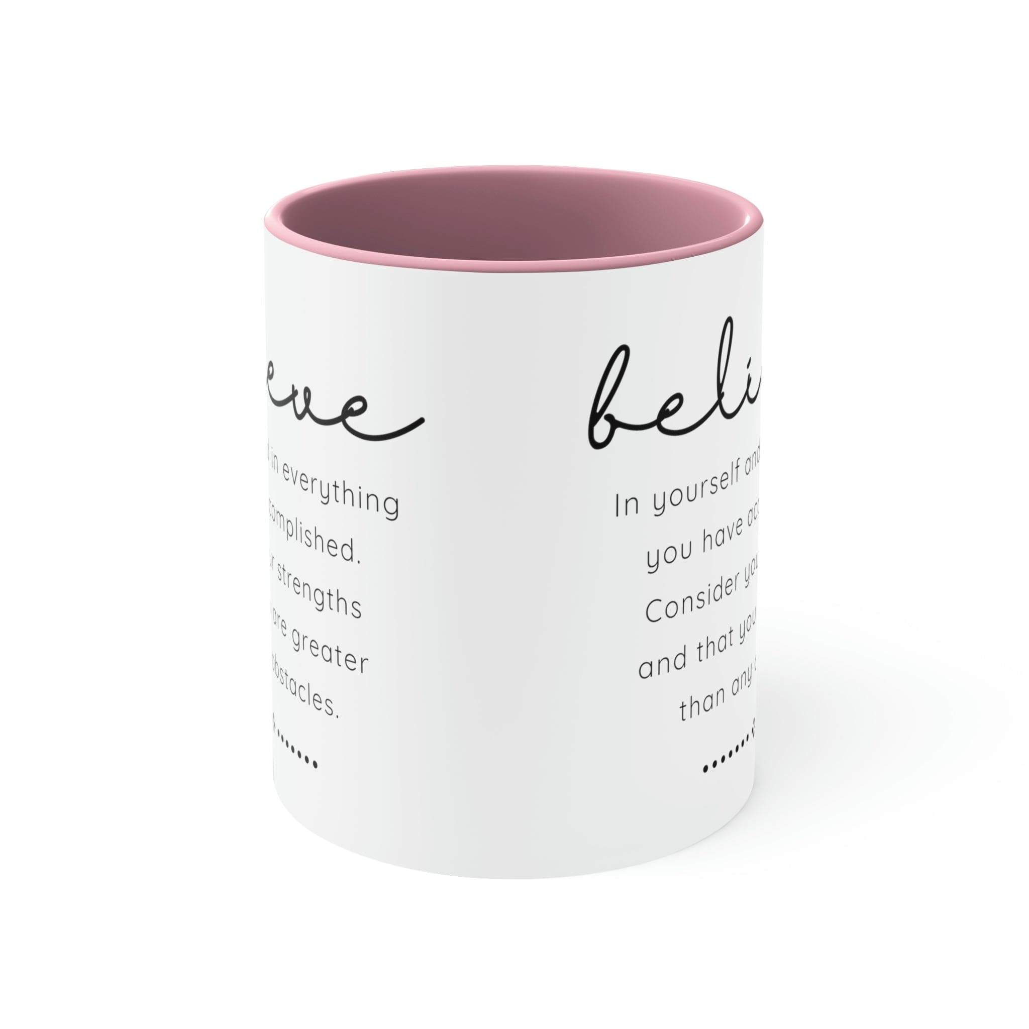 Two-tone ceramic mug with a colorful interior and handle, featuring the inspirational phrase 'Believe in Yourself'.