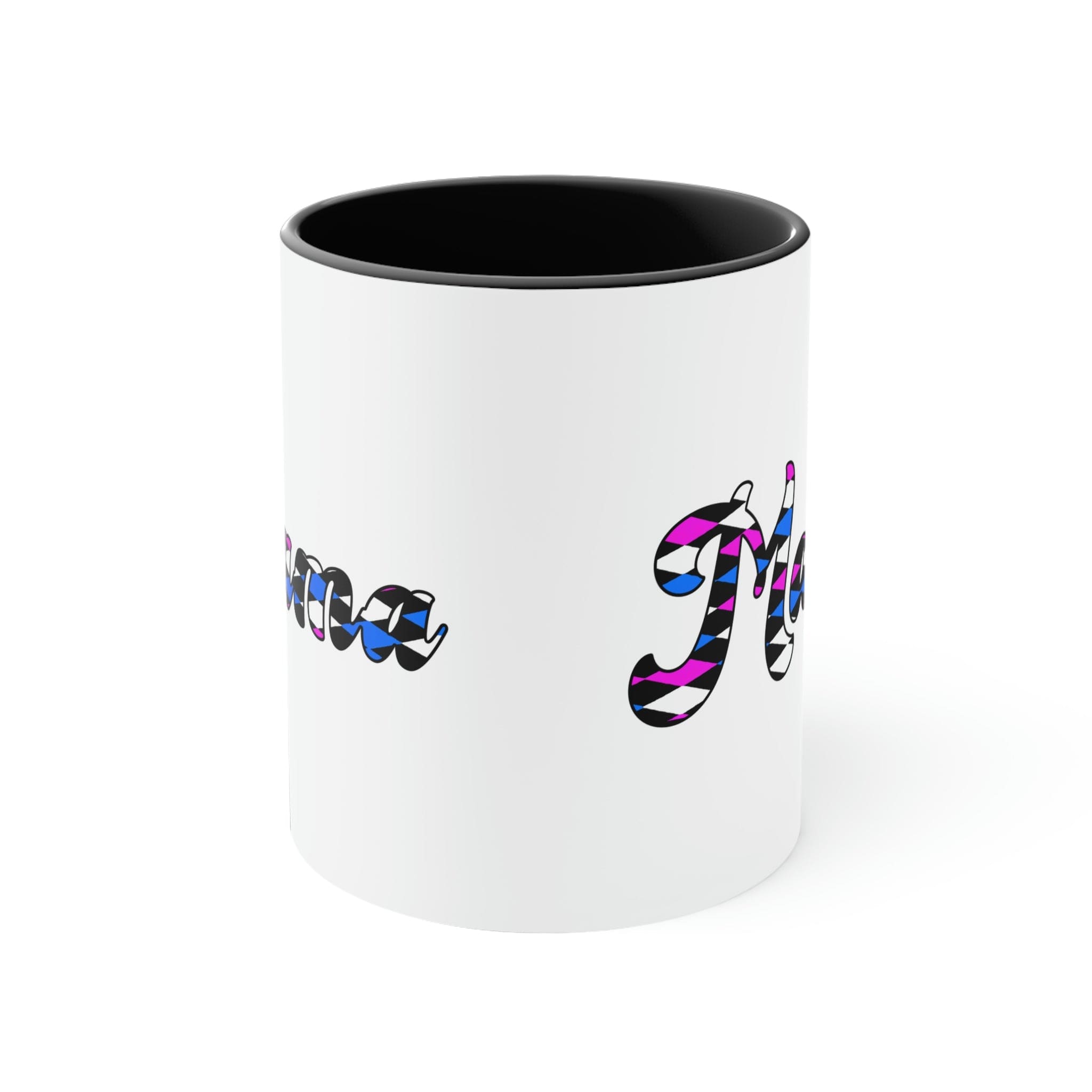 Two-tone ceramic mug with checkered pink, white, and blue design, featuring a comfortable C-handle and vibrant interior.