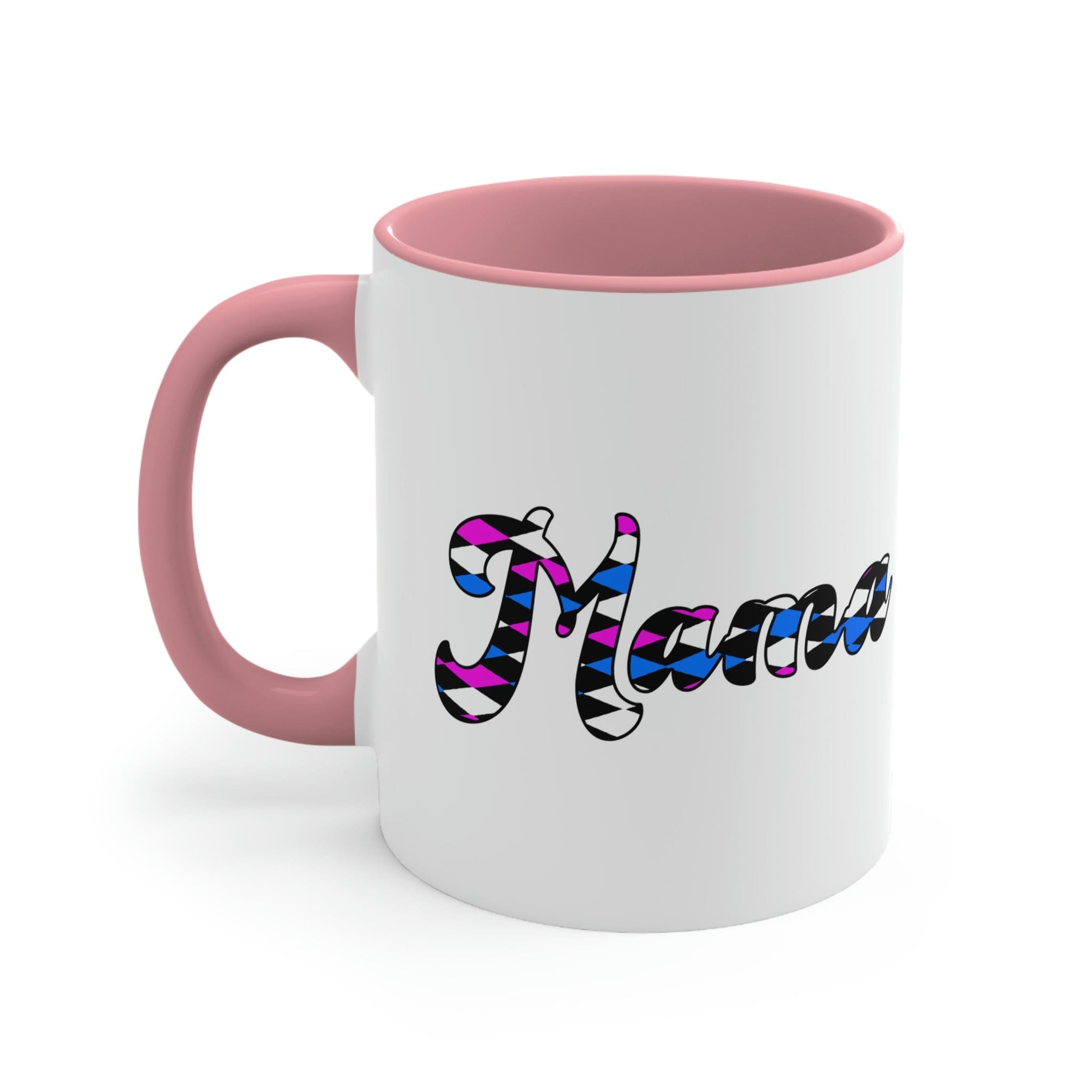 Two-tone ceramic mug with checkered pink, white, and blue design, featuring a comfortable C-handle and vibrant interior.