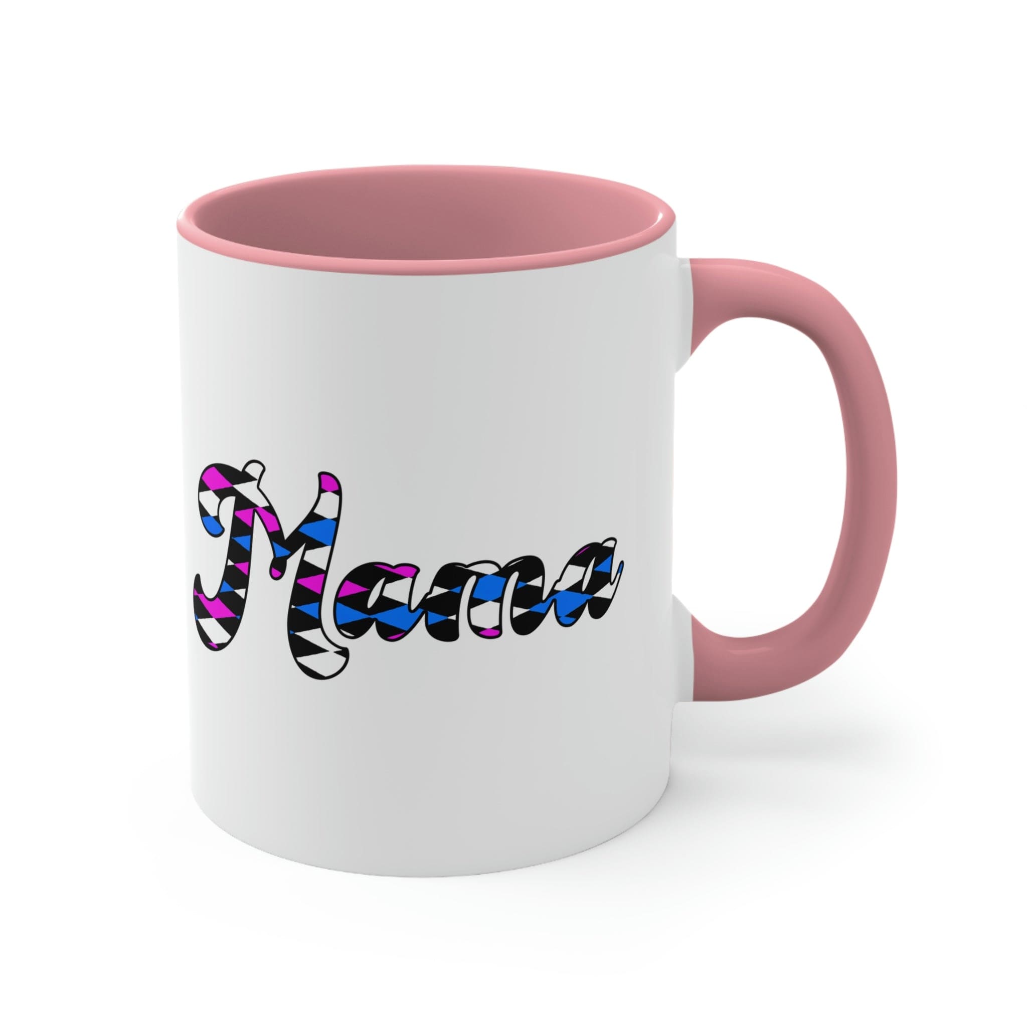 Two-tone ceramic mug with checkered pink, white, and blue design, featuring a comfortable C-handle and vibrant interior.