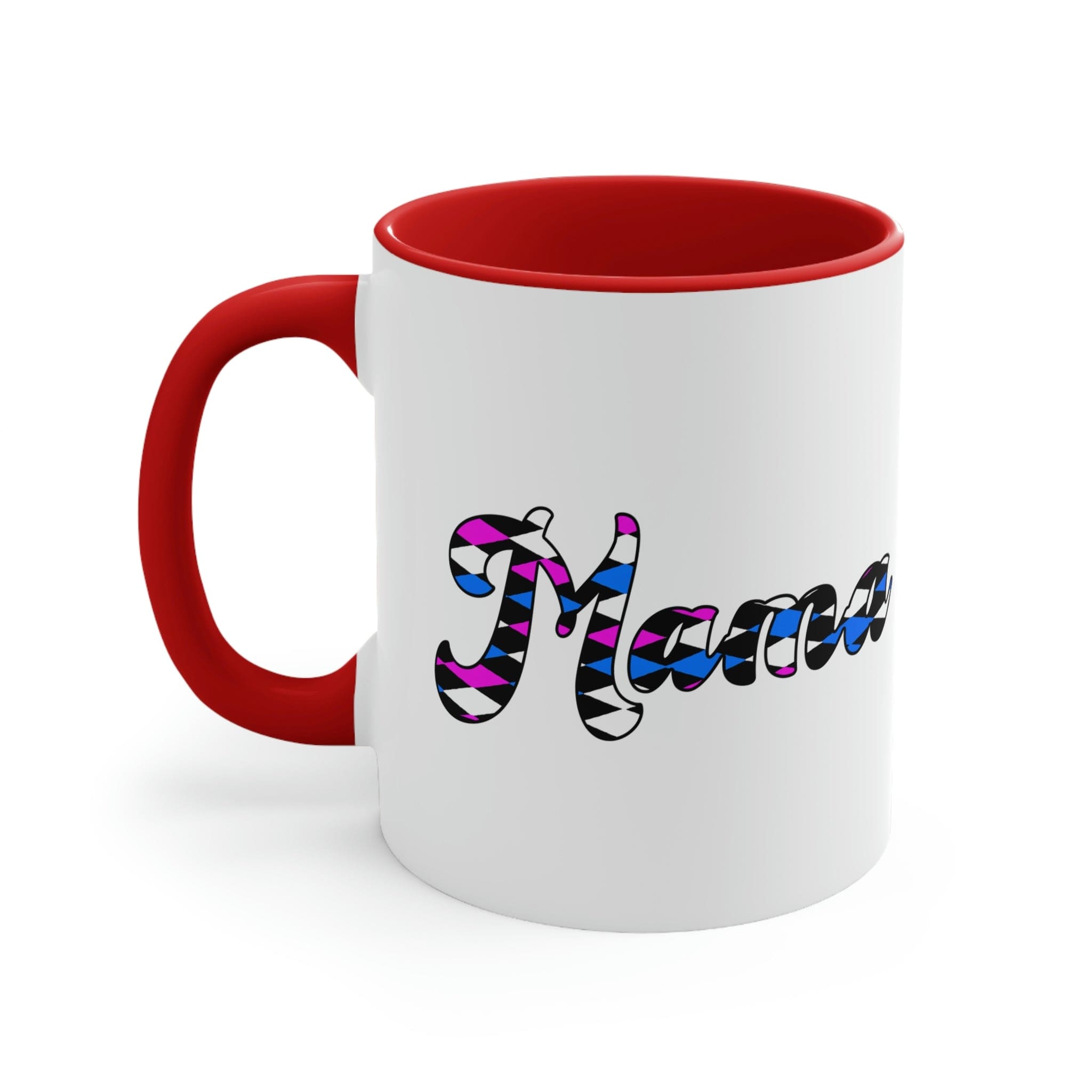 Two-tone ceramic mug with checkered pink, white, and blue design, featuring a comfortable C-handle and vibrant interior.