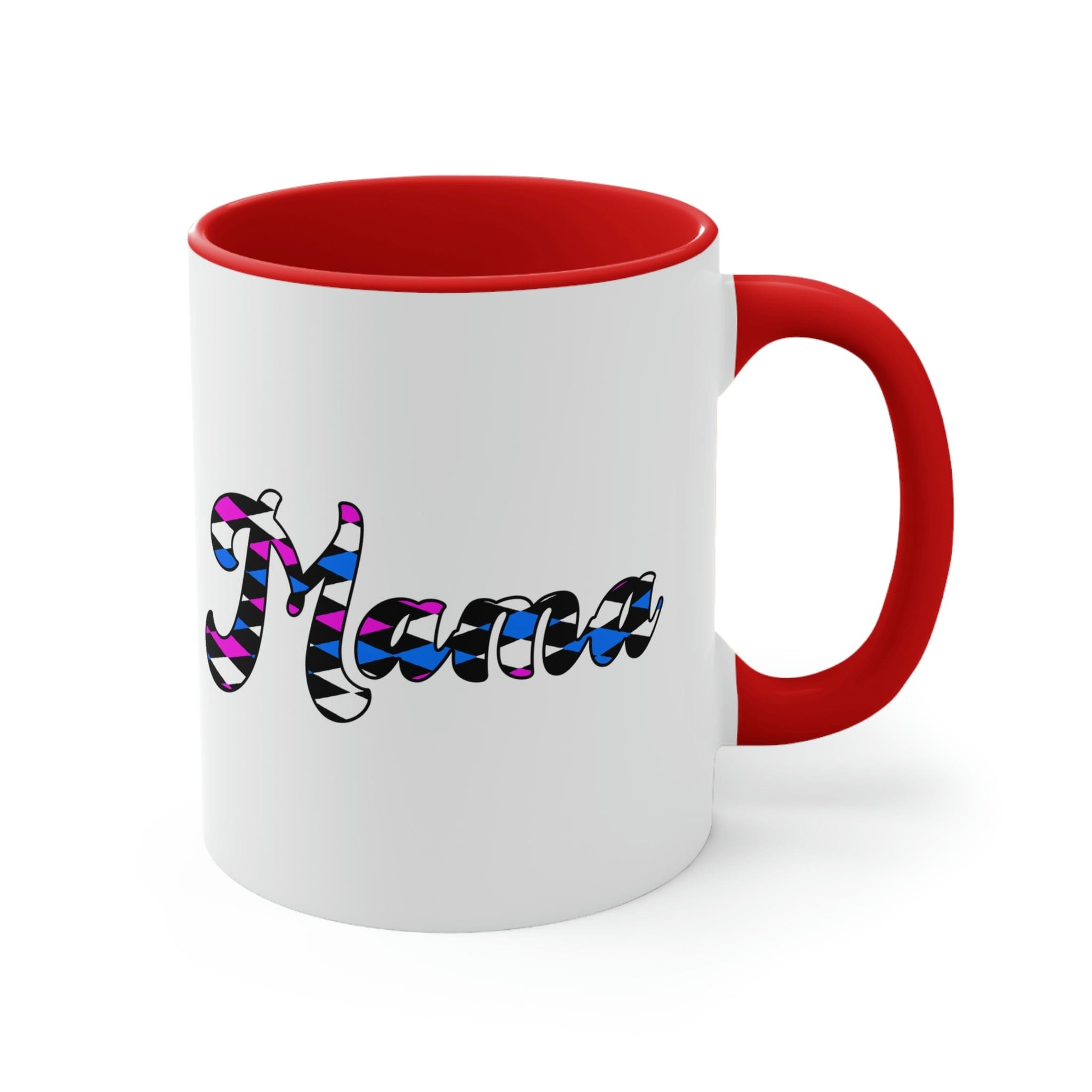 Two-tone ceramic mug with checkered pink, white, and blue design, featuring a comfortable C-handle and vibrant interior.