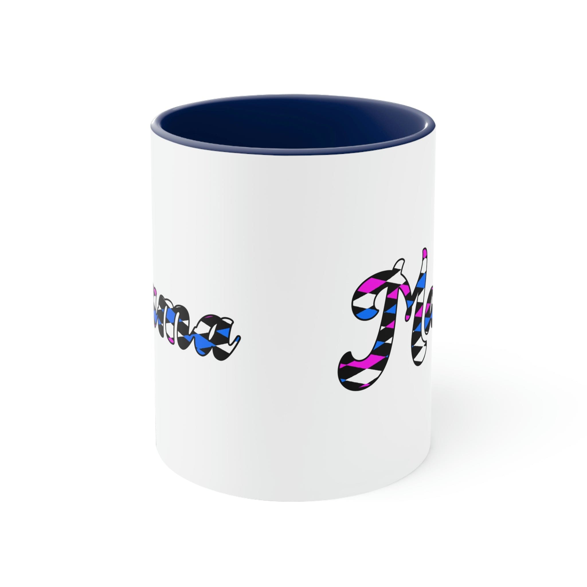 Two-tone ceramic mug with checkered pink, white, and blue design, featuring a comfortable C-handle and vibrant interior.