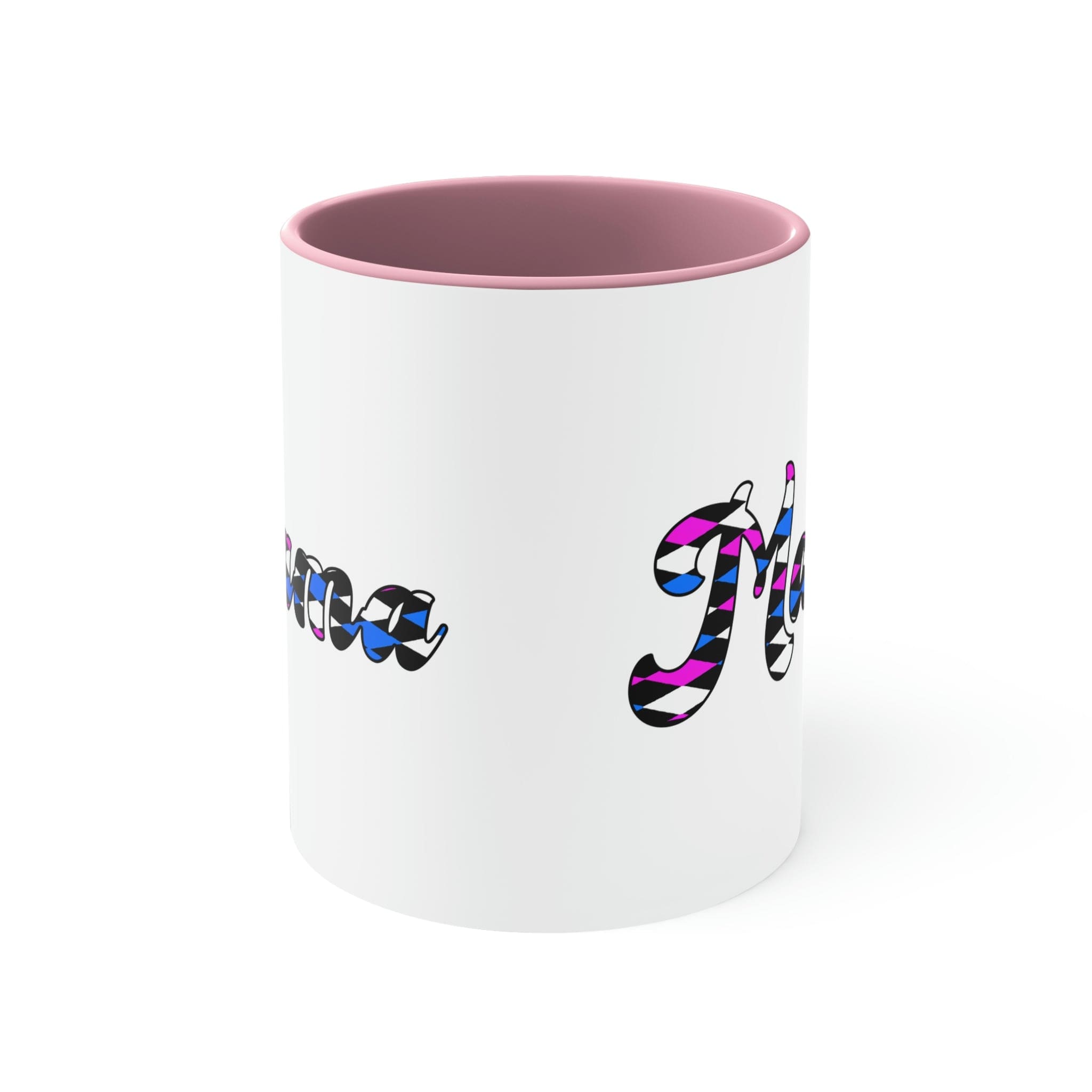 Two-tone ceramic mug with checkered pink, white, and blue design, featuring a comfortable C-handle and vibrant interior.