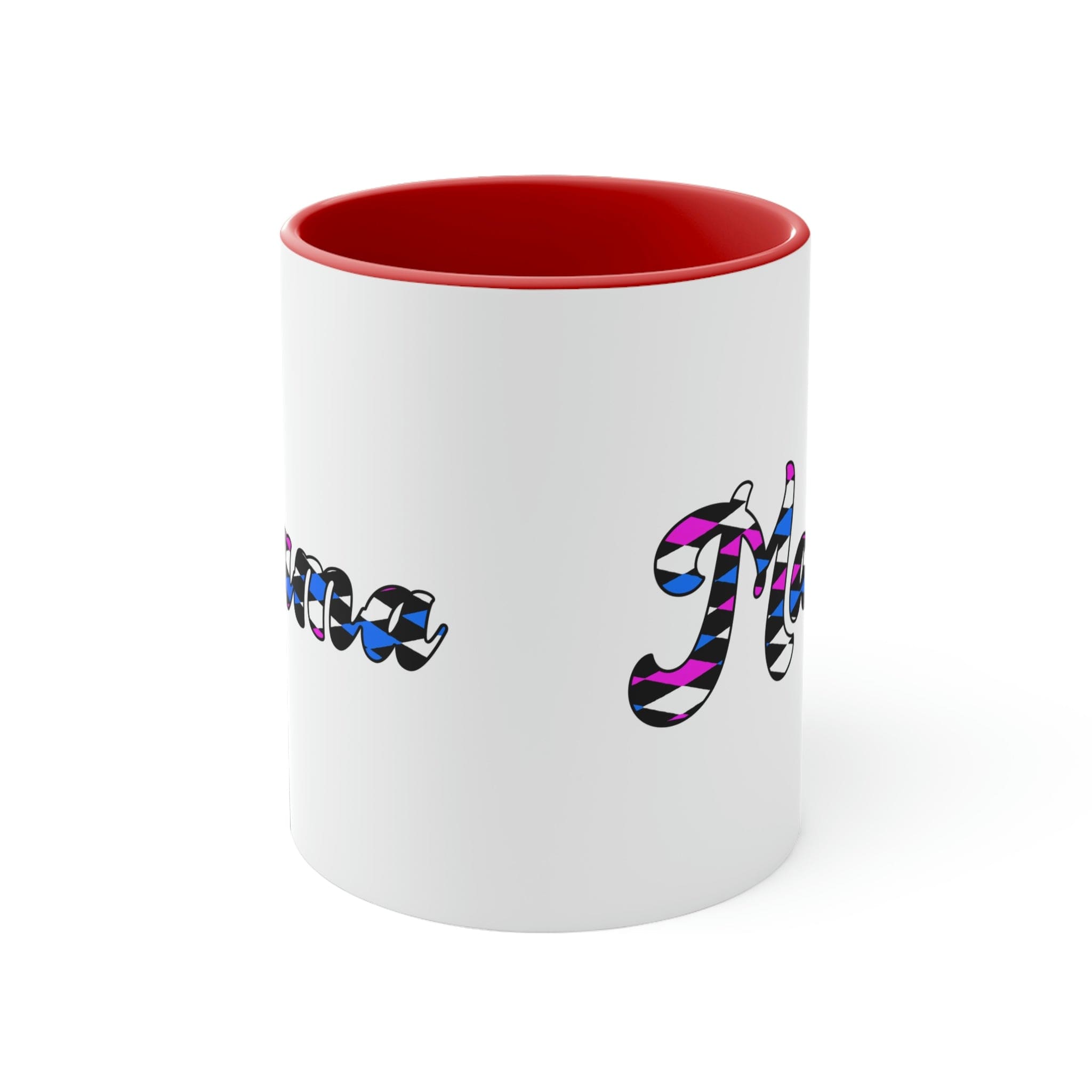 Two-tone ceramic mug with checkered pink, white, and blue design, featuring a comfortable C-handle and vibrant interior.