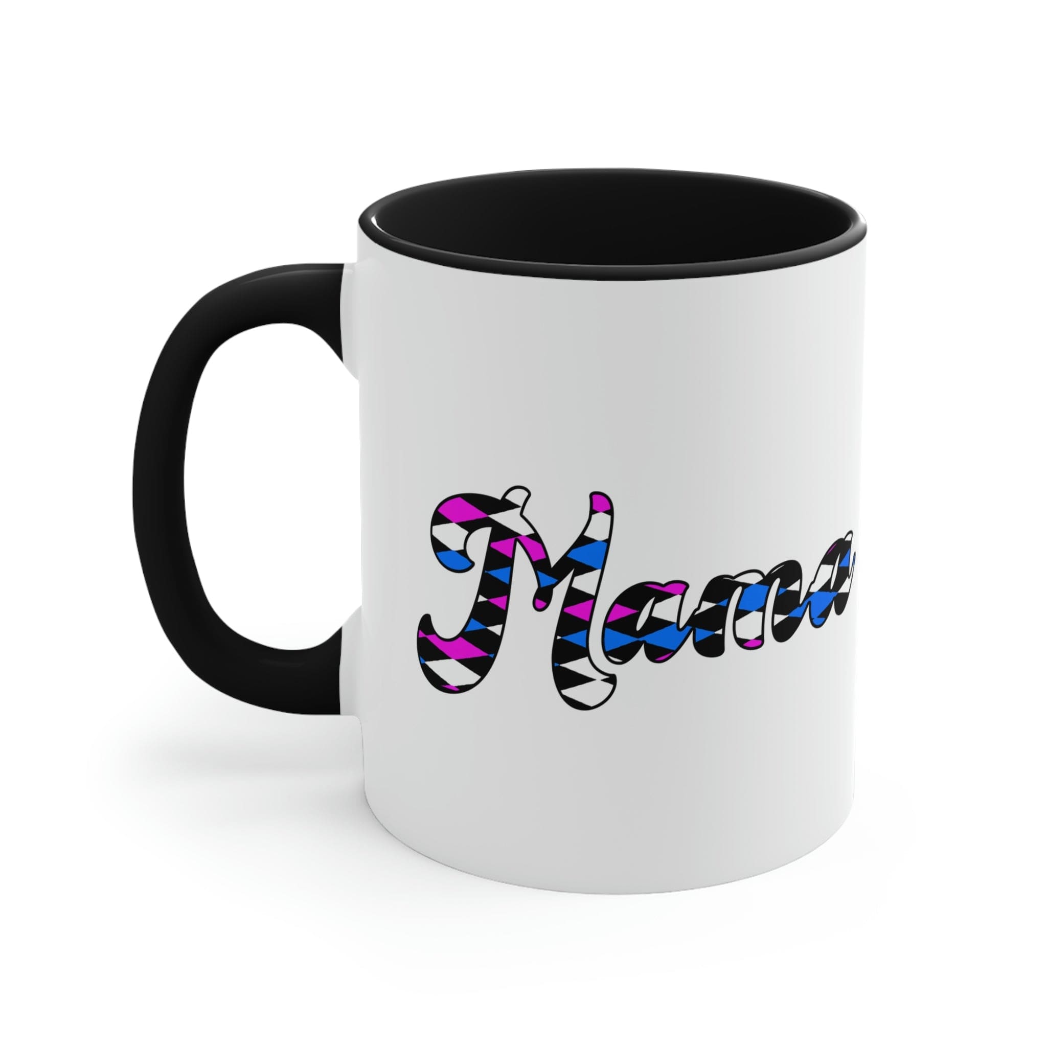 Two-tone ceramic mug with checkered pink, white, and blue design, featuring a comfortable C-handle and vibrant interior.