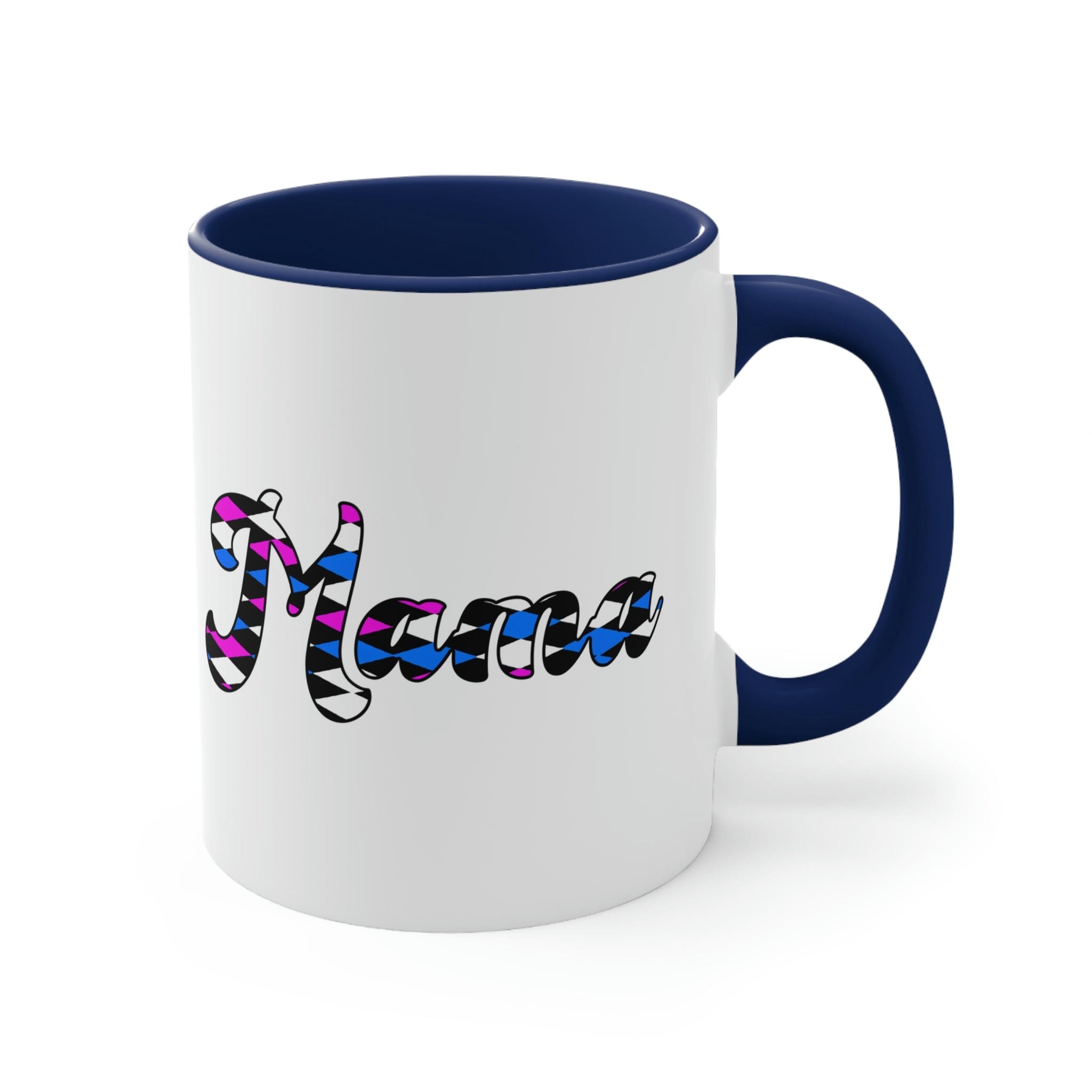 Two-tone ceramic mug with checkered pink, white, and blue design, featuring a comfortable C-handle and vibrant interior.