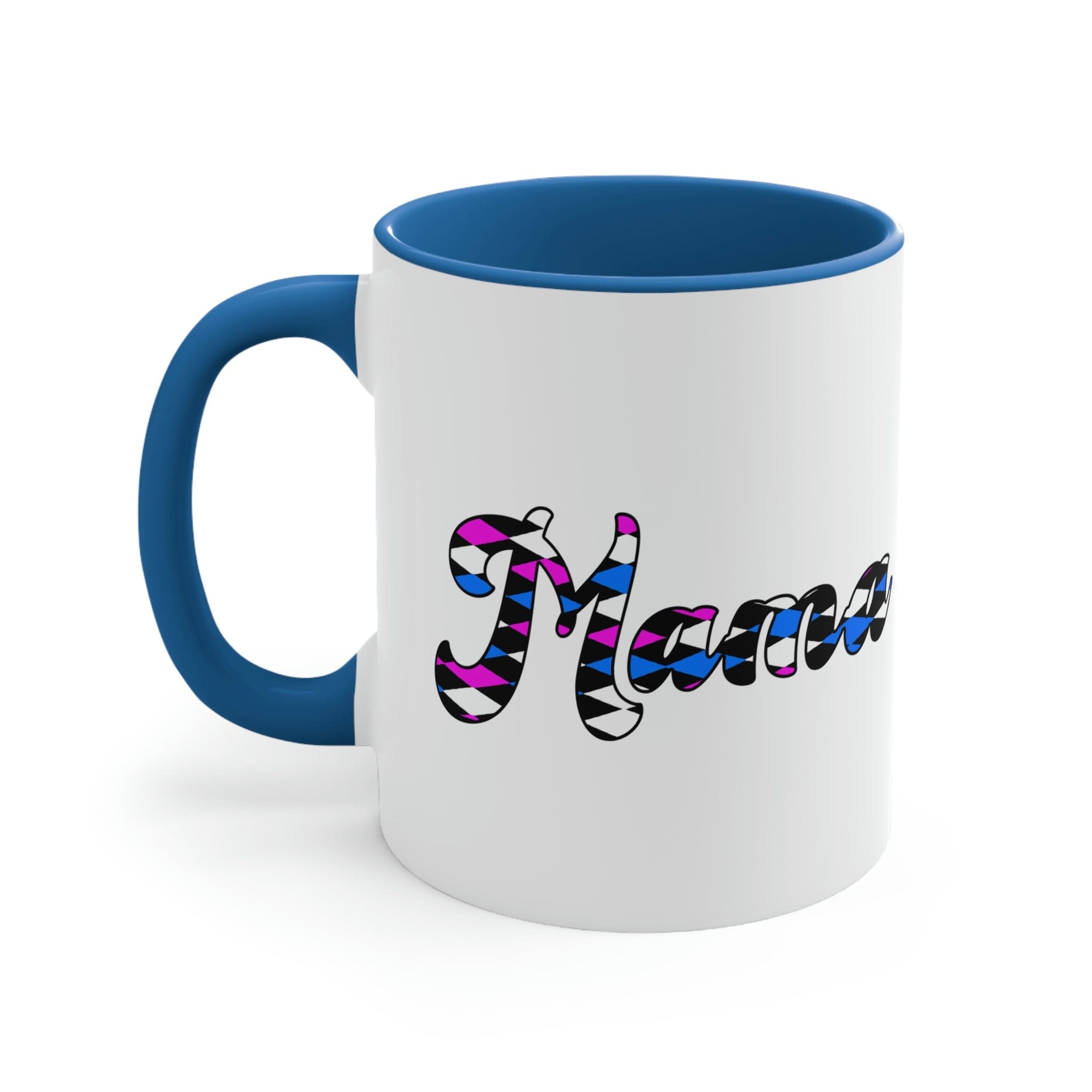 Two-tone ceramic mug with checkered pink, white, and blue design, featuring a comfortable C-handle and vibrant interior.