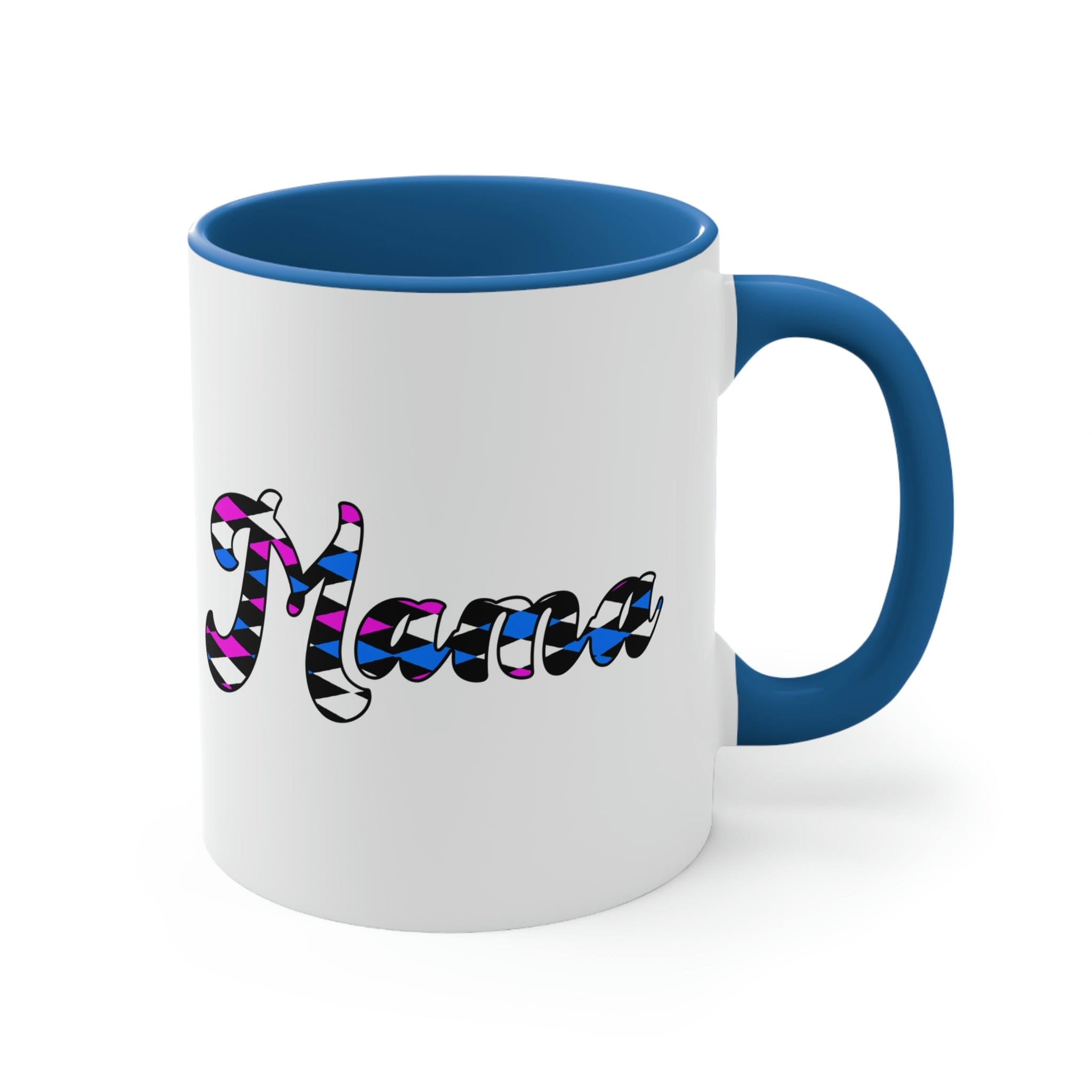 Two-tone ceramic mug with checkered pink, white, and blue design, featuring a comfortable C-handle and vibrant interior.