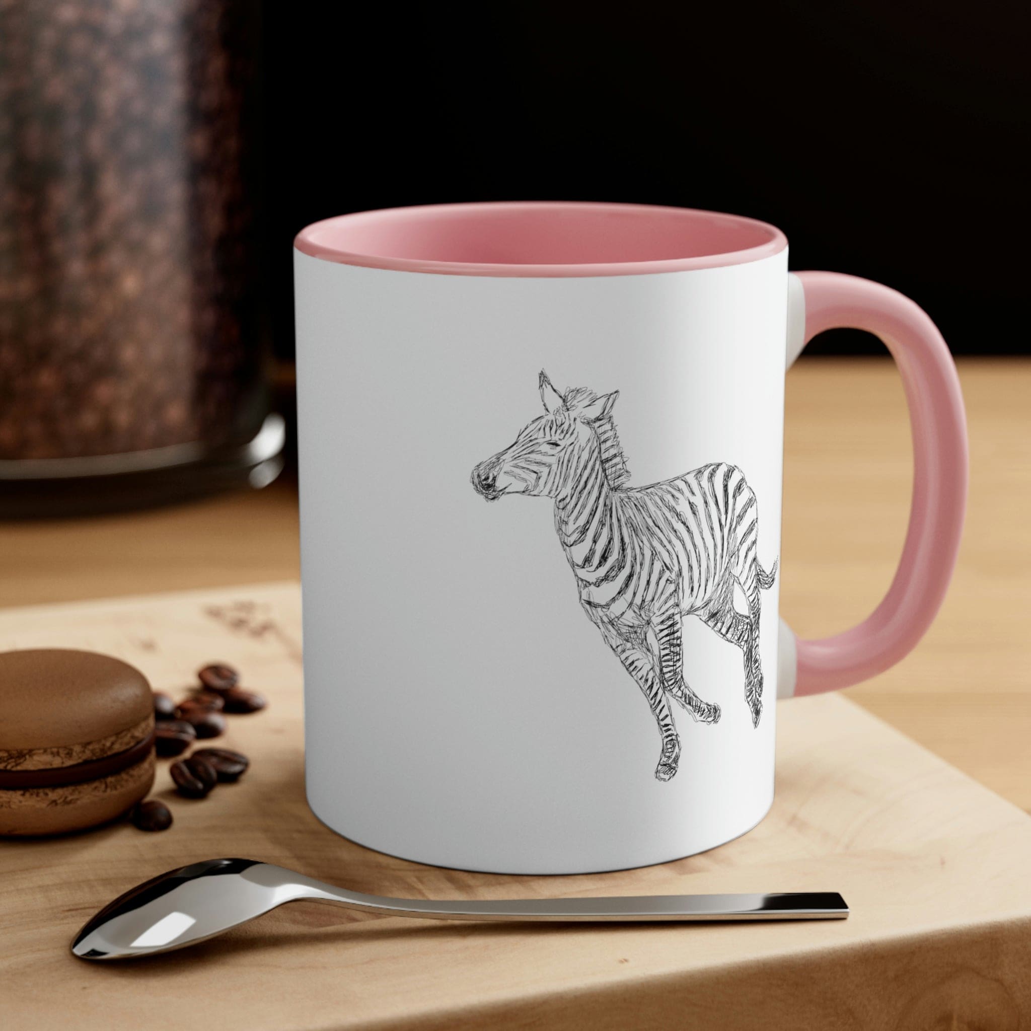 Two-tone ceramic mug with Galloping Zebra line art, featuring a colored interior and C-handle for comfortable use.