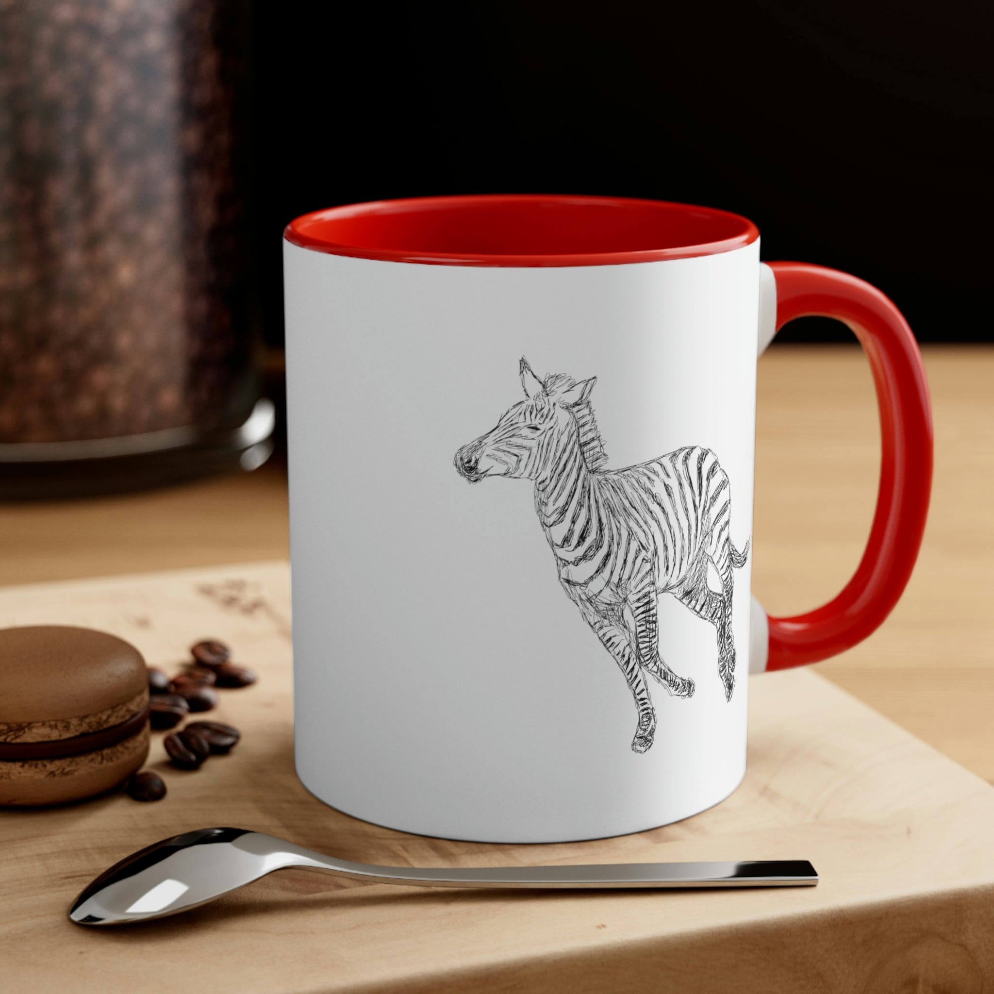 Two-tone ceramic mug with Galloping Zebra line art, featuring a colored interior and C-handle for comfortable use.