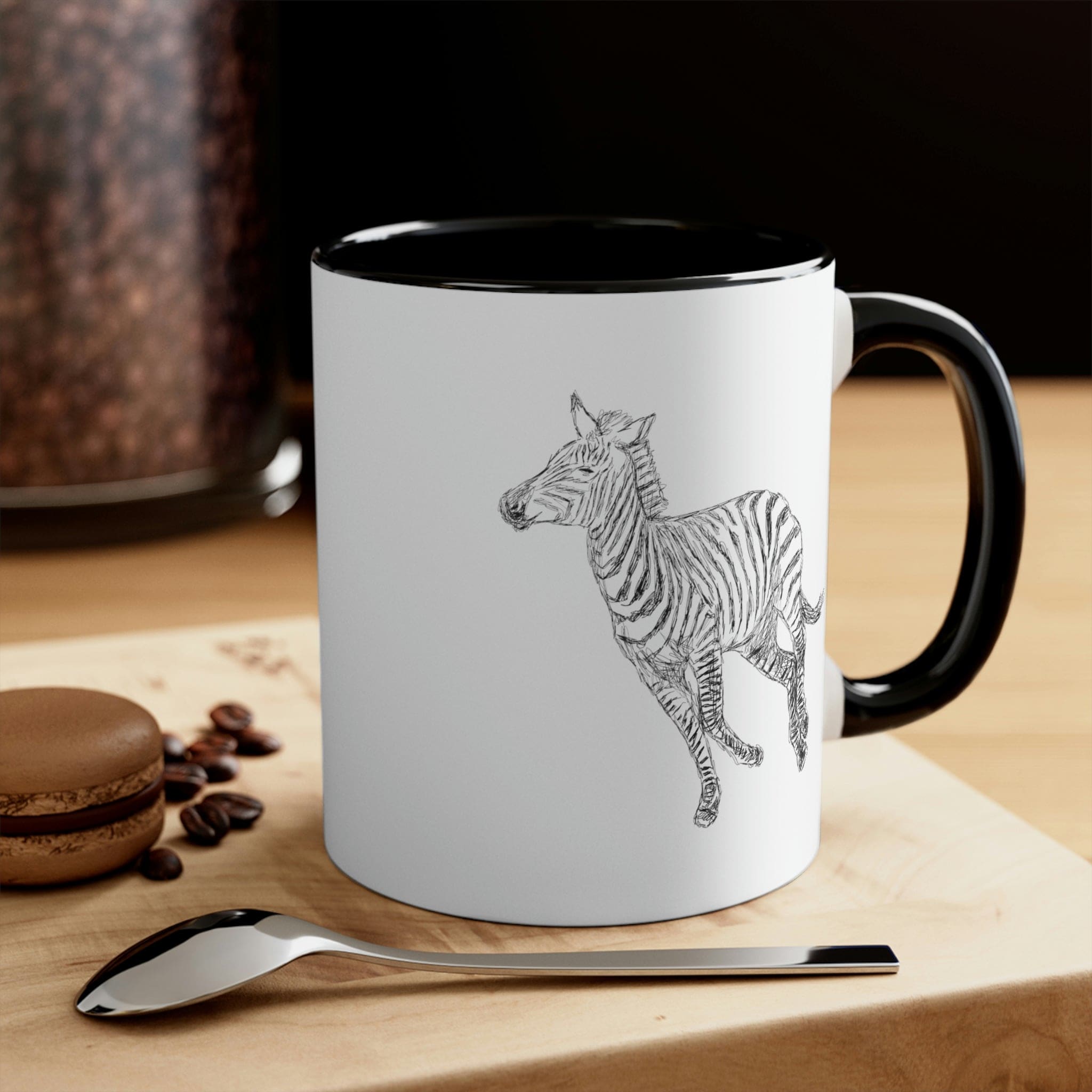 Two-tone ceramic mug with Galloping Zebra line art, featuring a colored interior and C-handle for comfortable use.